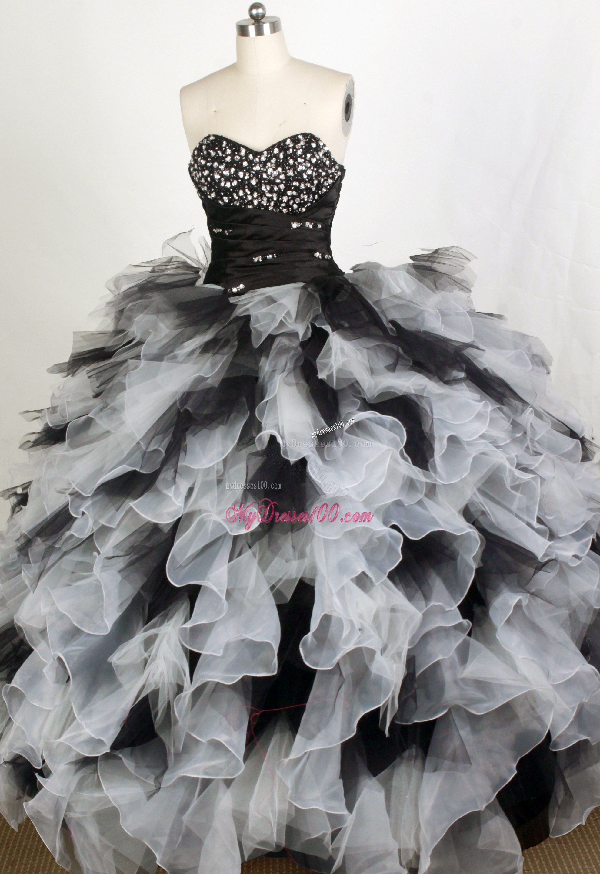 Black and White Tulle and Organza Ruffled Quinceanera Gown