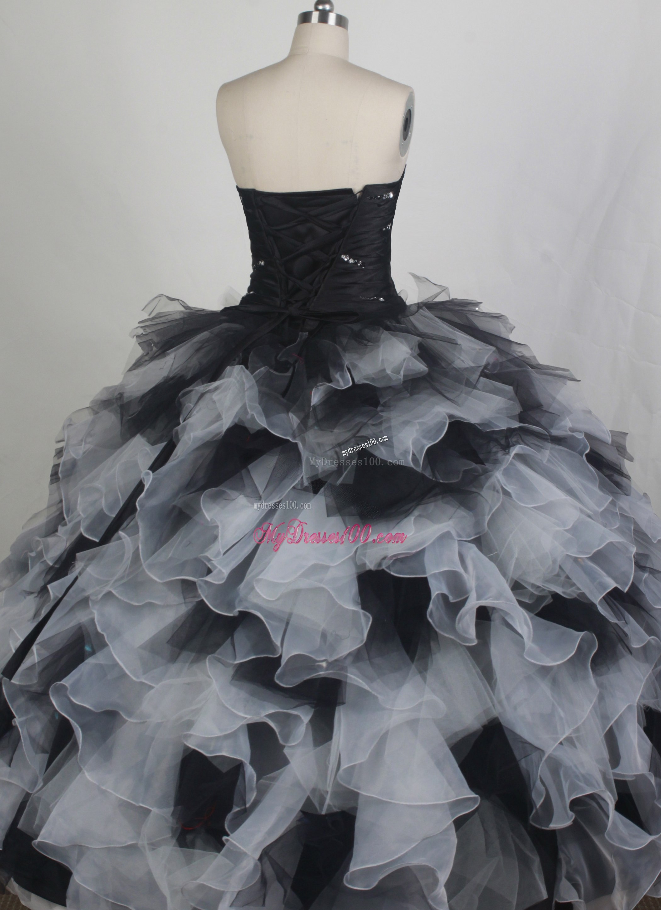 Black and White Tulle and Organza Ruffled Quinceanera Gown