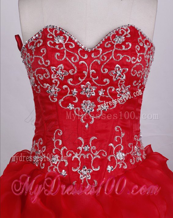 Red Puffy Quinceanera Dress with Pick Ups and White Embroidery