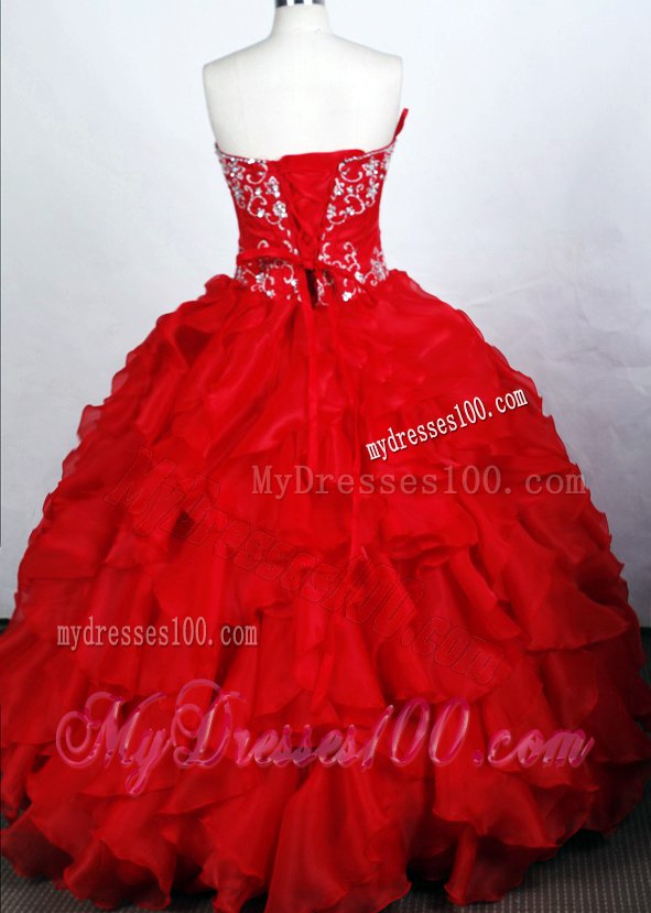Red Puffy Quinceanera Dress with Pick Ups and White Embroidery