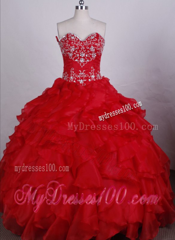 Red Puffy Quinceanera Dress with Pick Ups and White Embroidery