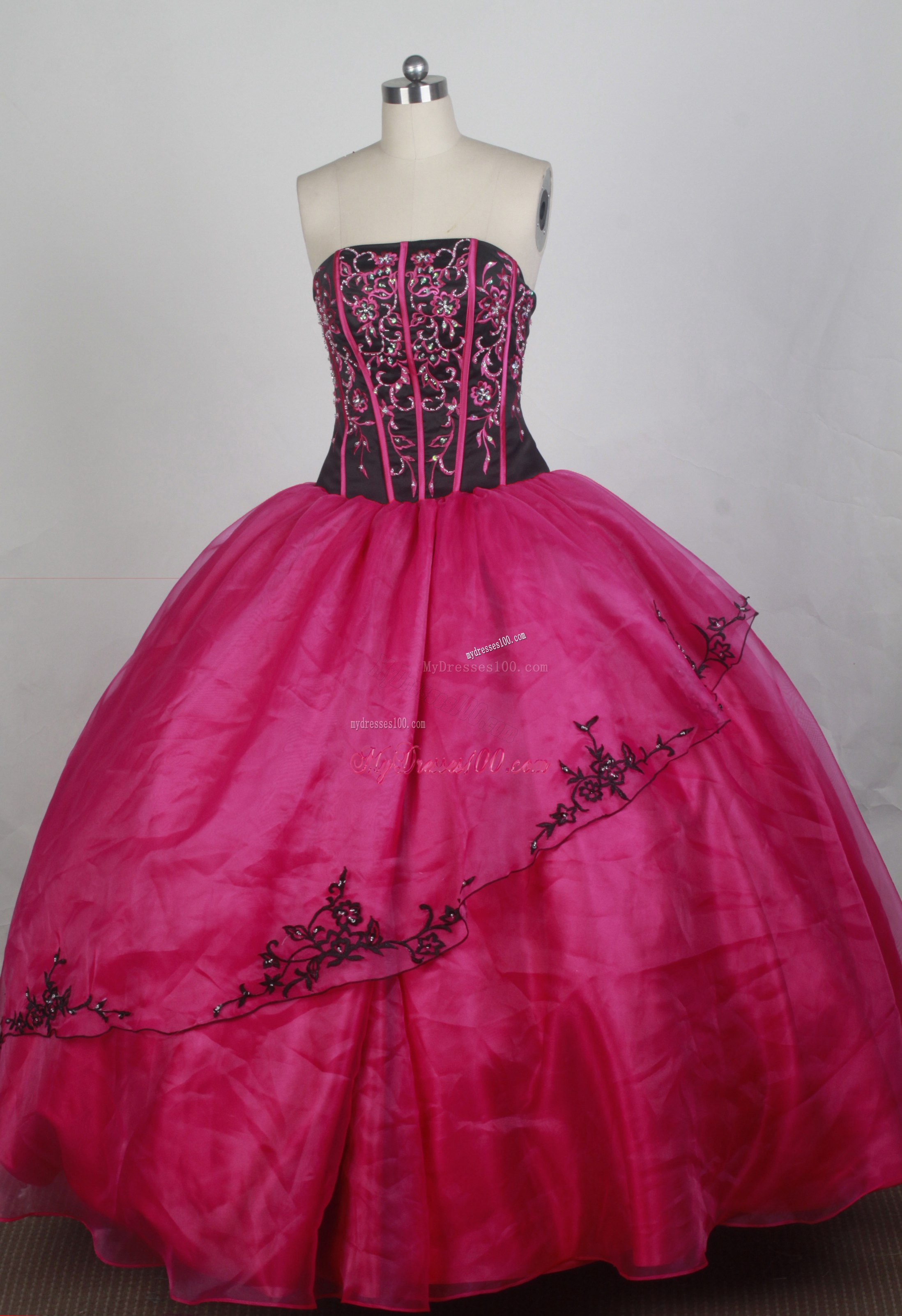Embroidered Organza Quinceanera Dress in Black and Coral Red