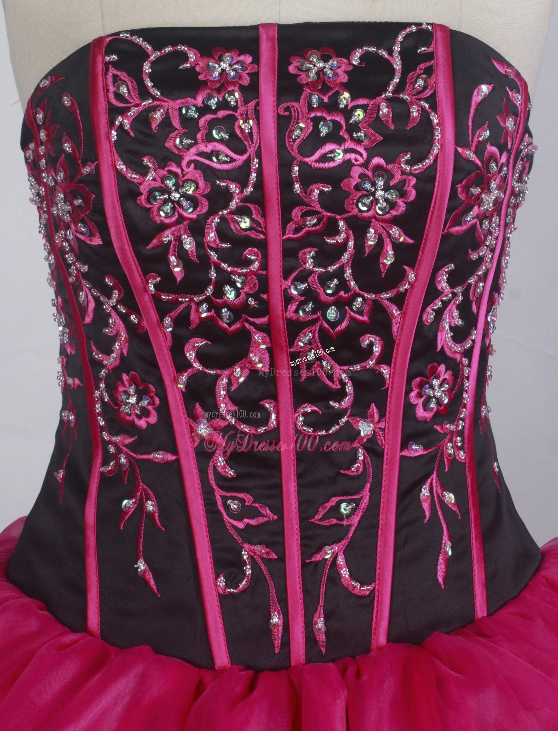 Embroidered Organza Quinceanera Dress in Black and Coral Red