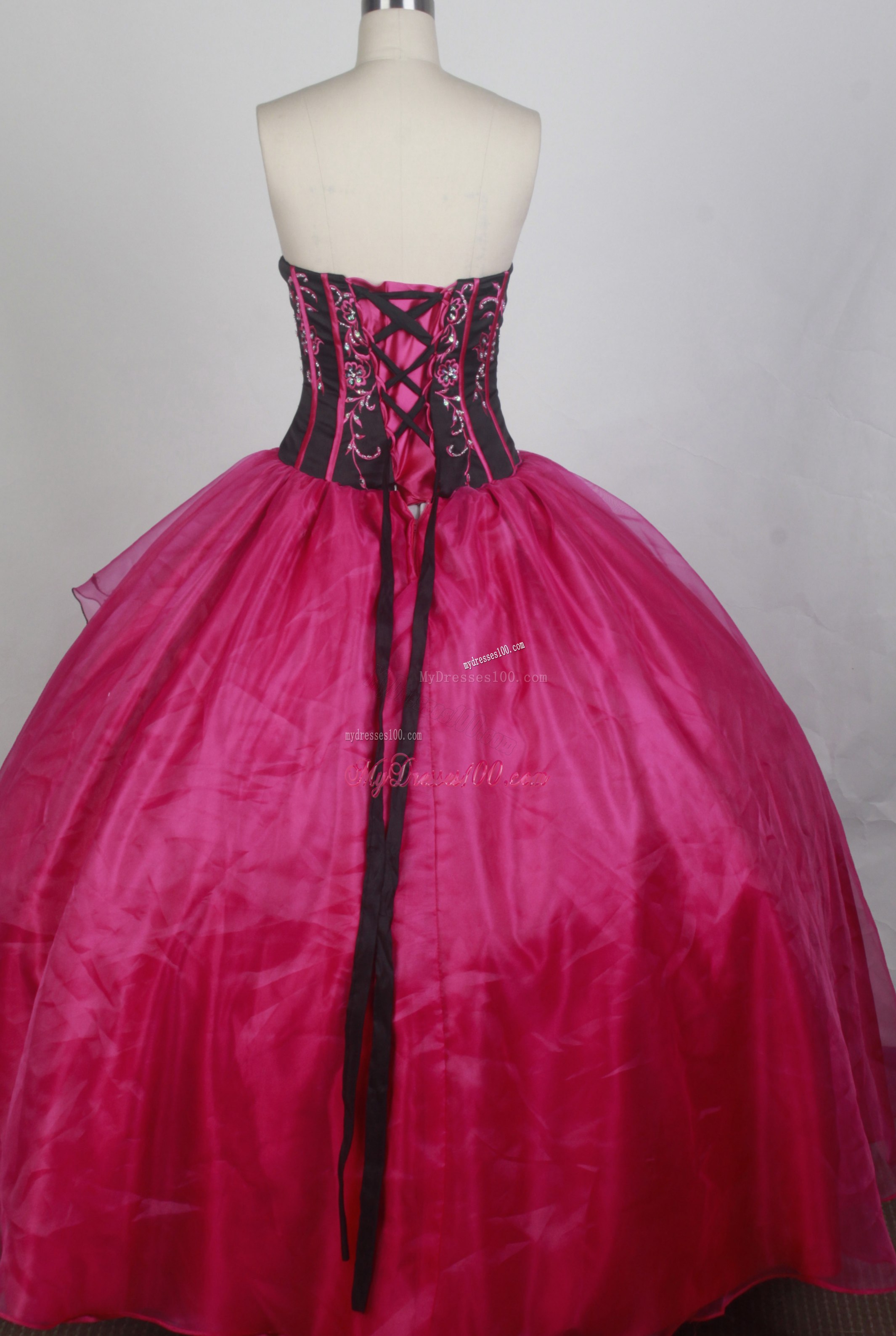 Embroidered Organza Quinceanera Dress in Black and Coral Red