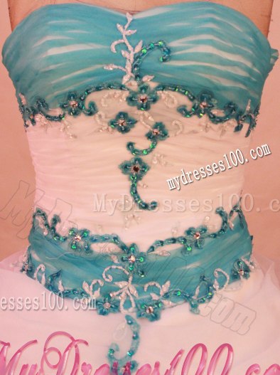 Two Toned A-line Quinceanera Dresses White and Turquoise with Appliques