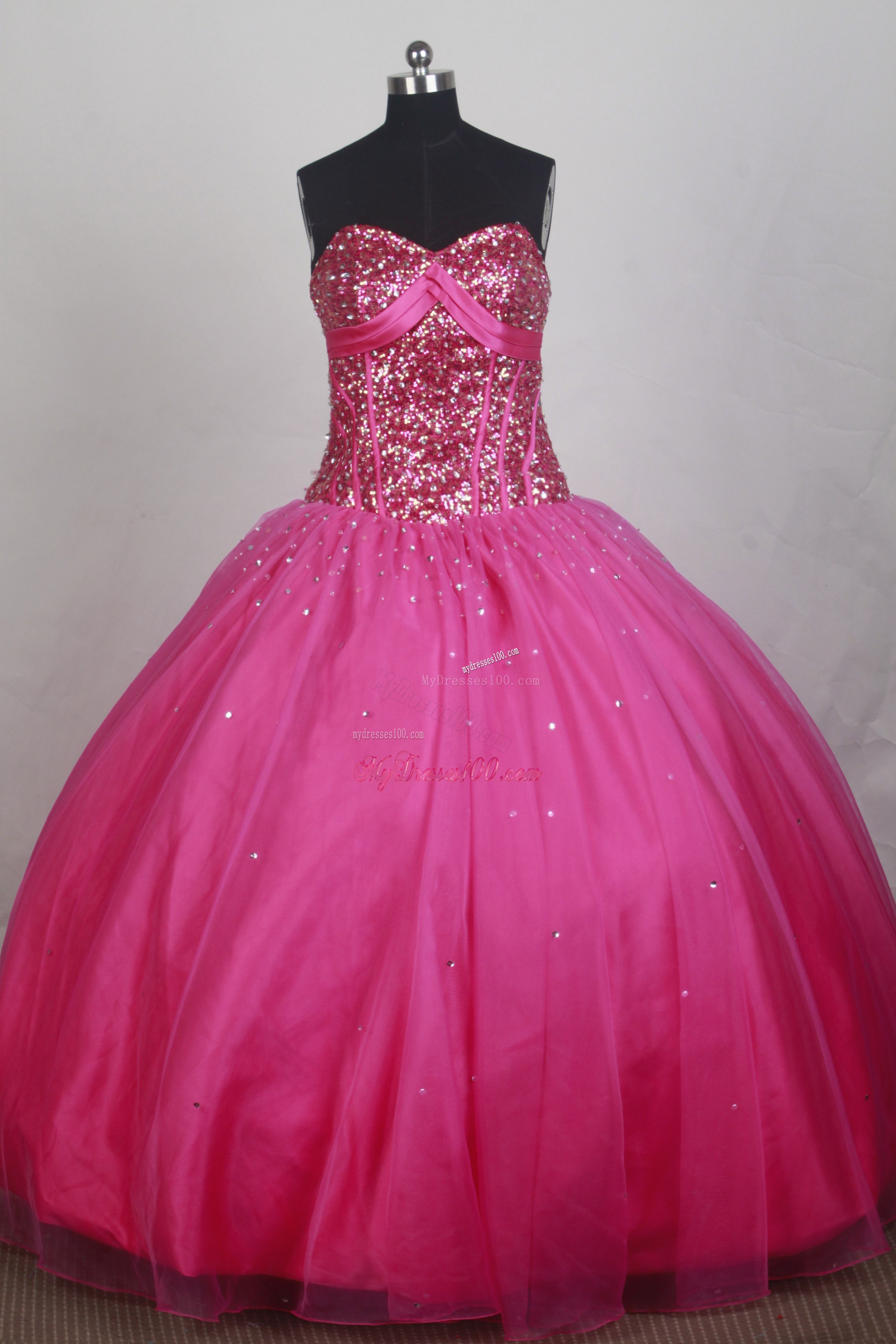 Sequins Decorate Bodice Quinceanera Gowns in Hot Pink