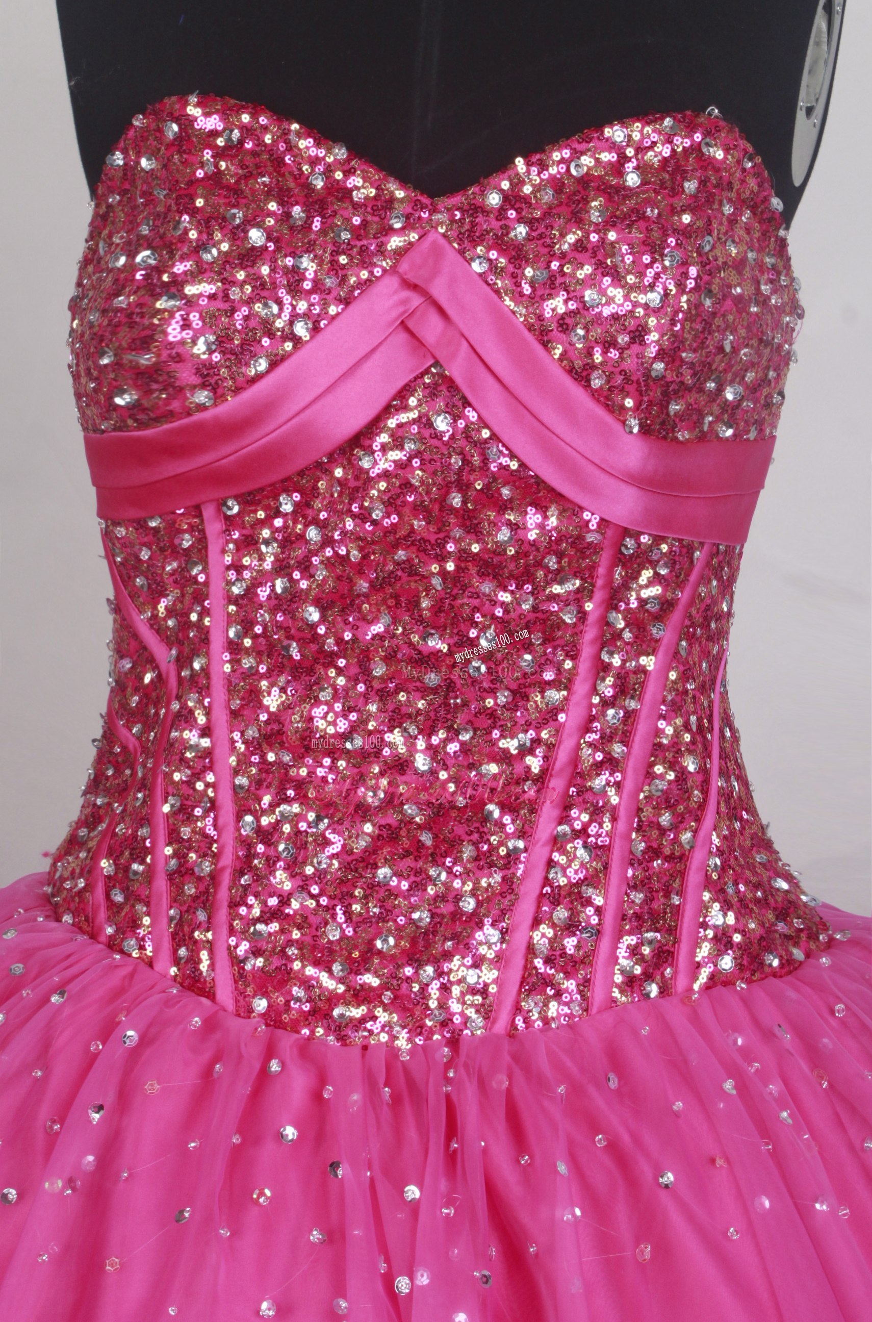 Sequins Decorate Bodice Quinceanera Gowns in Hot Pink
