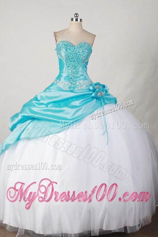 Aqua Blue and White Beading Handmade Flower Dresses for Sweet 15 Birthday