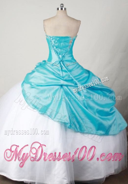 Aqua Blue and White Beading Handmade Flower Dresses for Sweet 15 Birthday