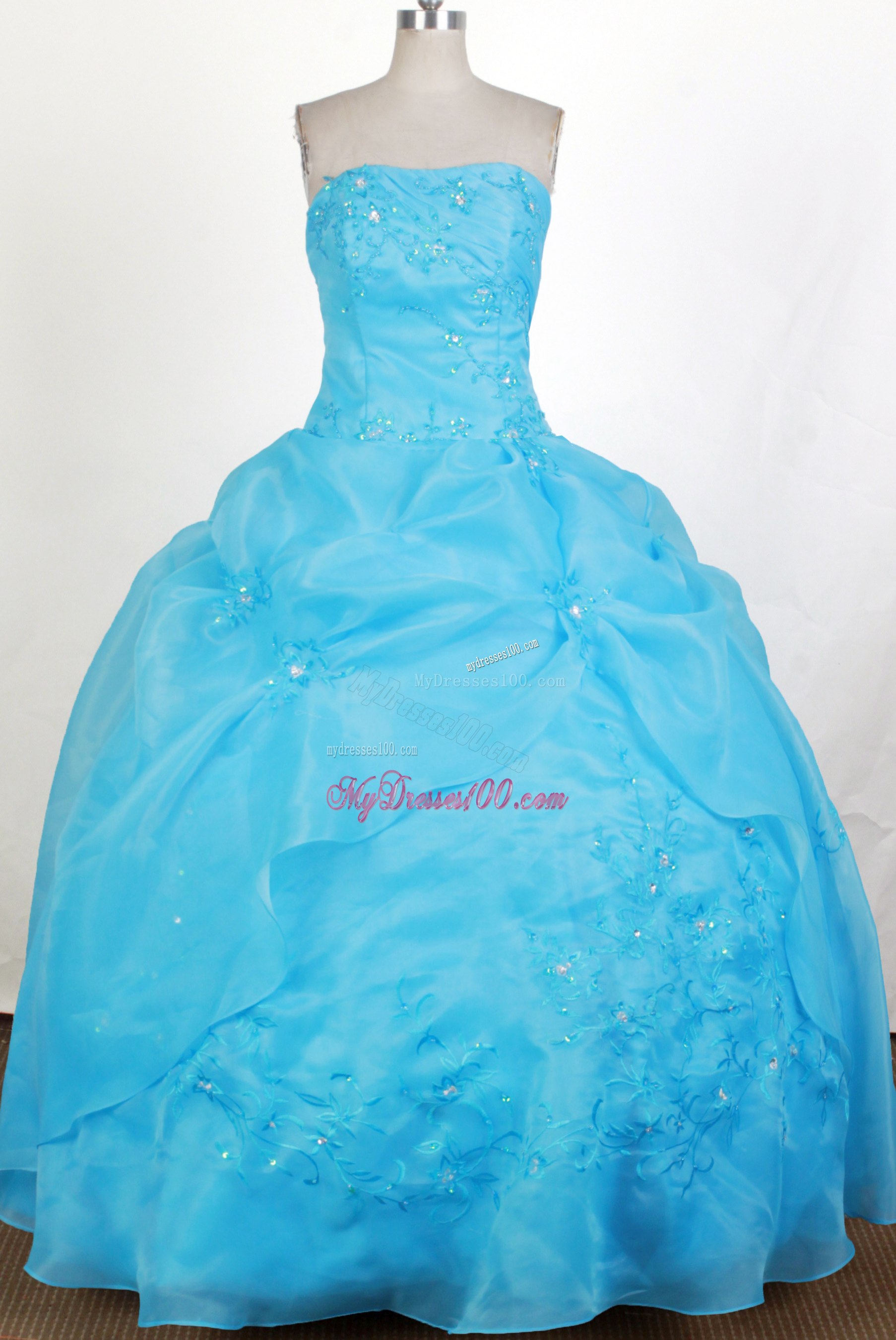 Diamond Quinceanera Dress with Pick-ups and Slit in Light Blue