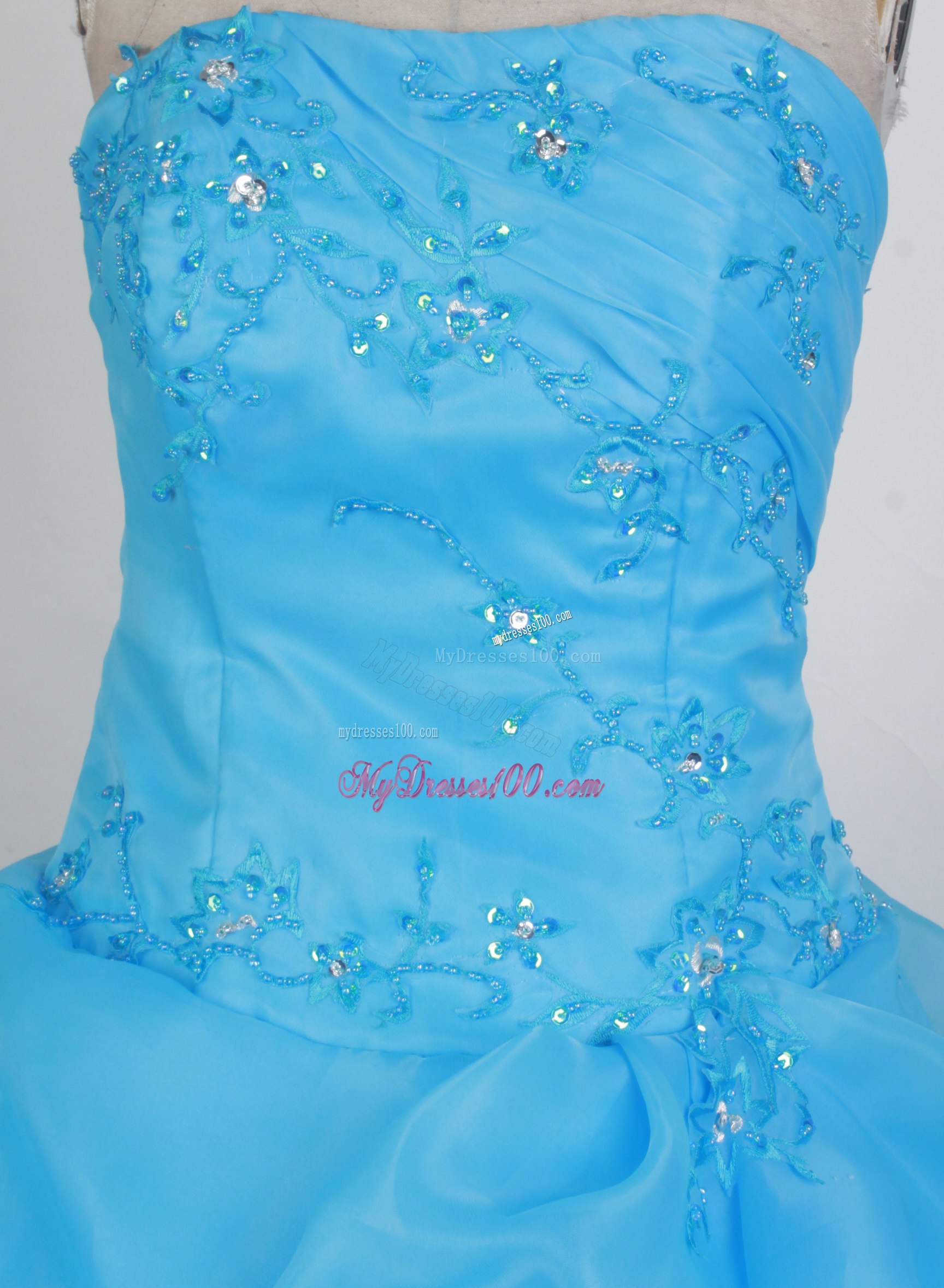 Diamond Quinceanera Dress with Pick-ups and Slit in Light Blue