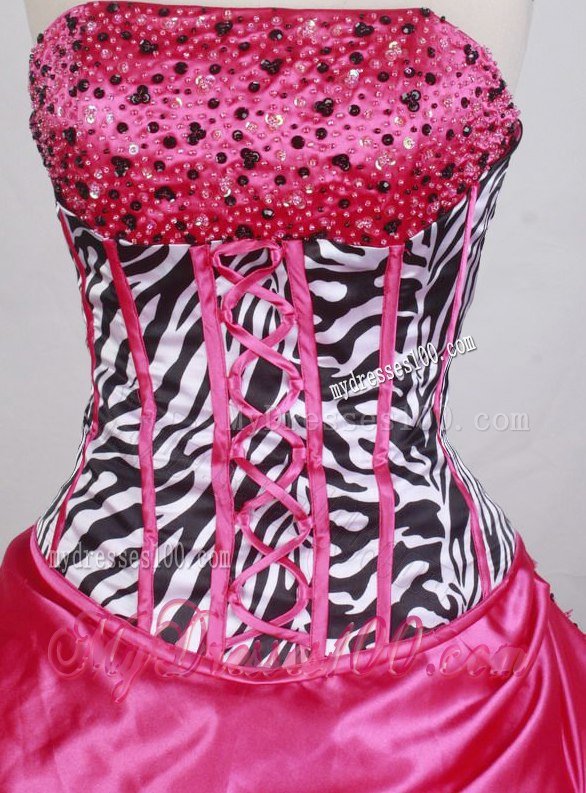 Beaded Hot Pink Quinceanera Dress with Zebra Print and Ruffles
