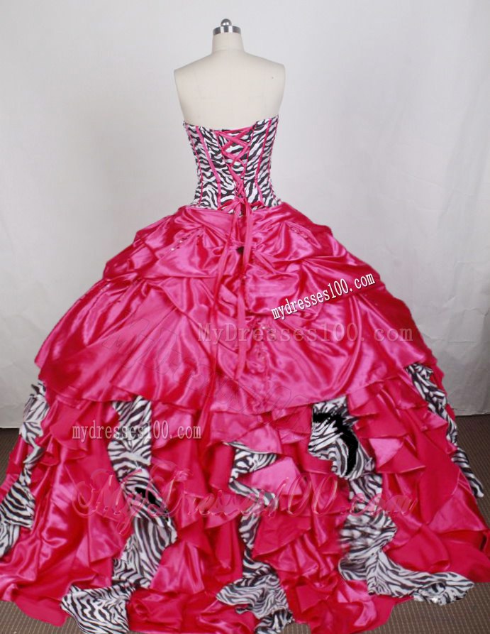 Beaded Hot Pink Quinceanera Dress with Zebra Print and Ruffles
