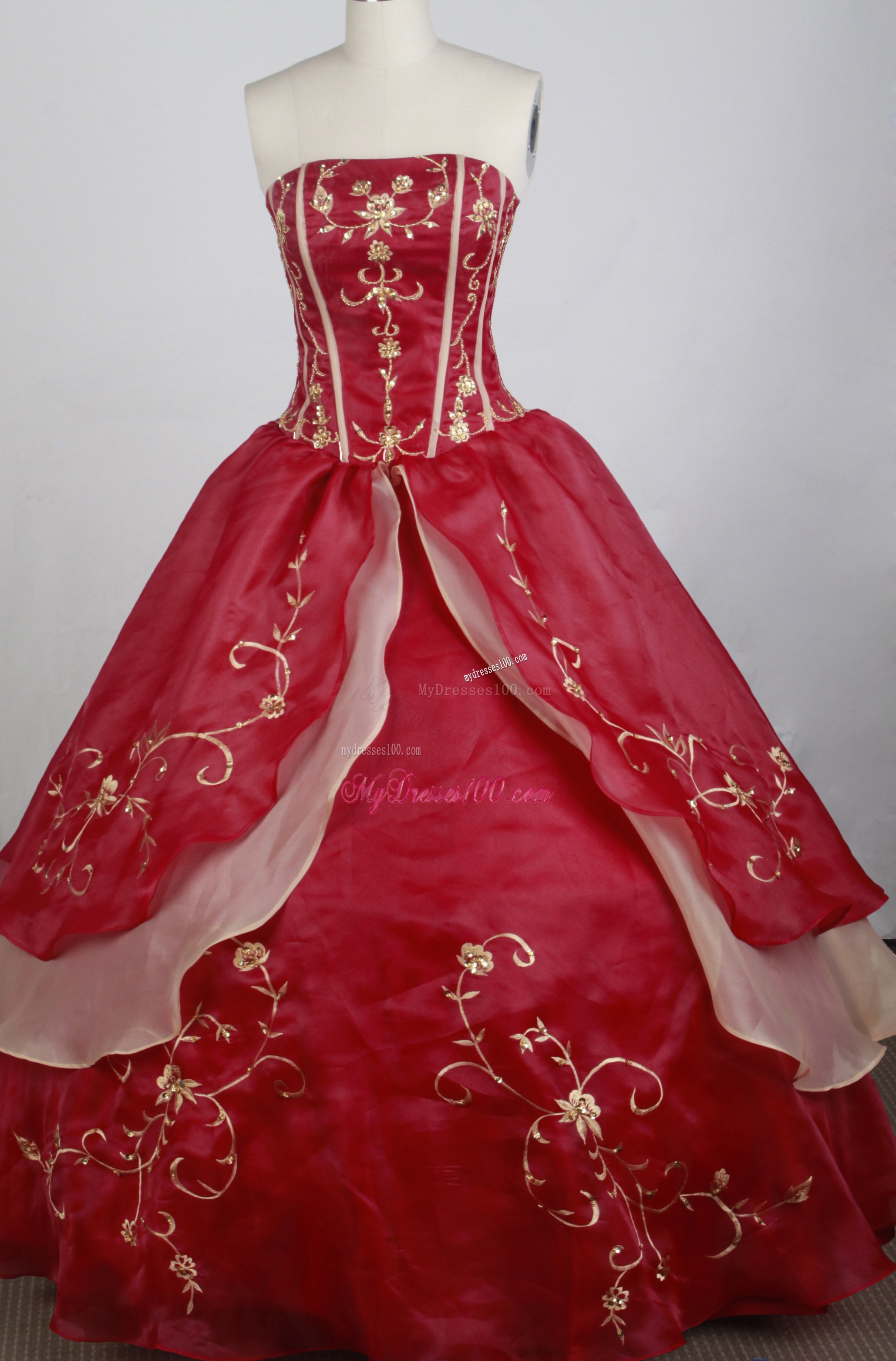 Embroidered Strapless Quinceanera Dress in Wine Red