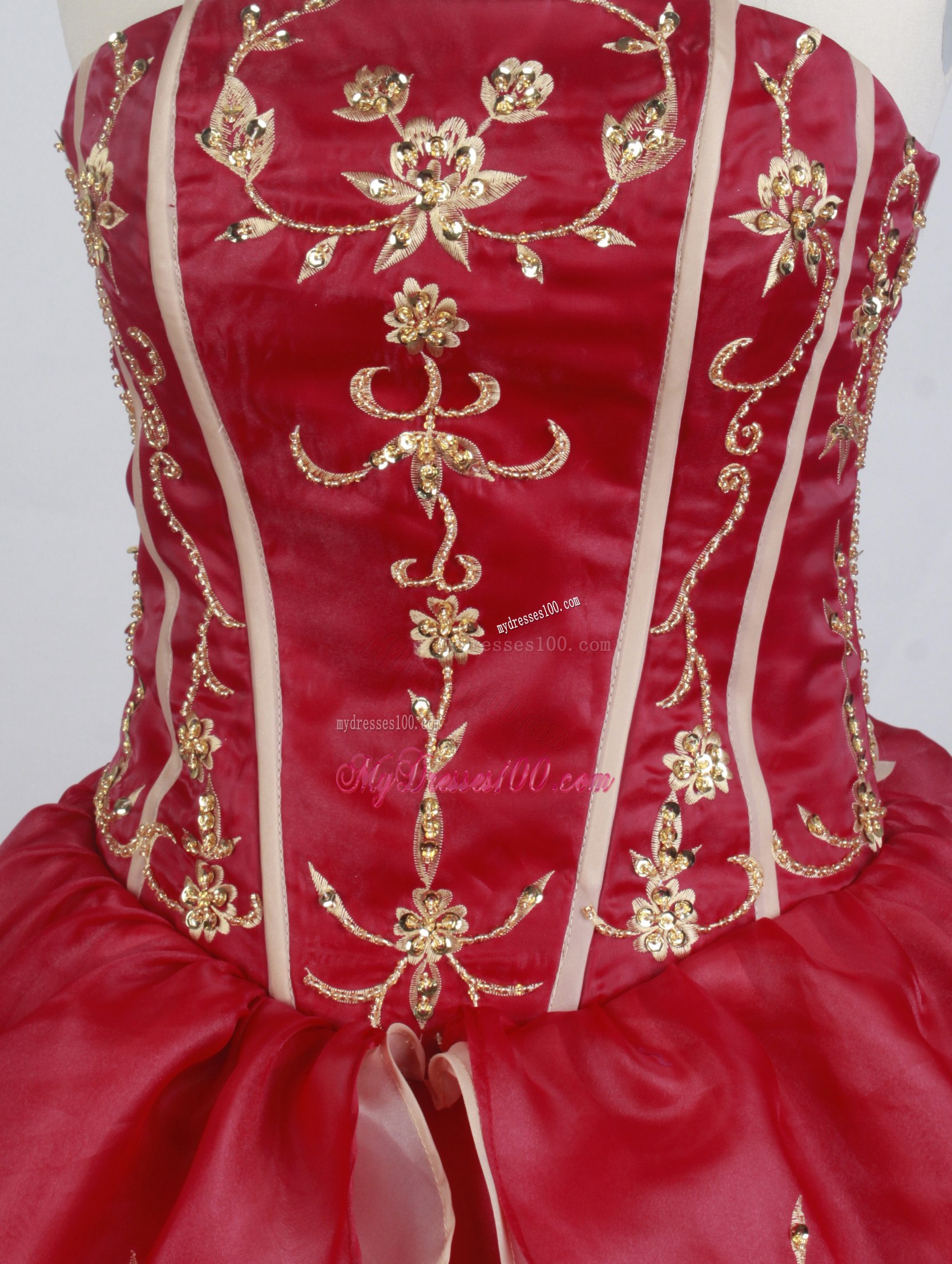 Embroidered Strapless Quinceanera Dress in Wine Red