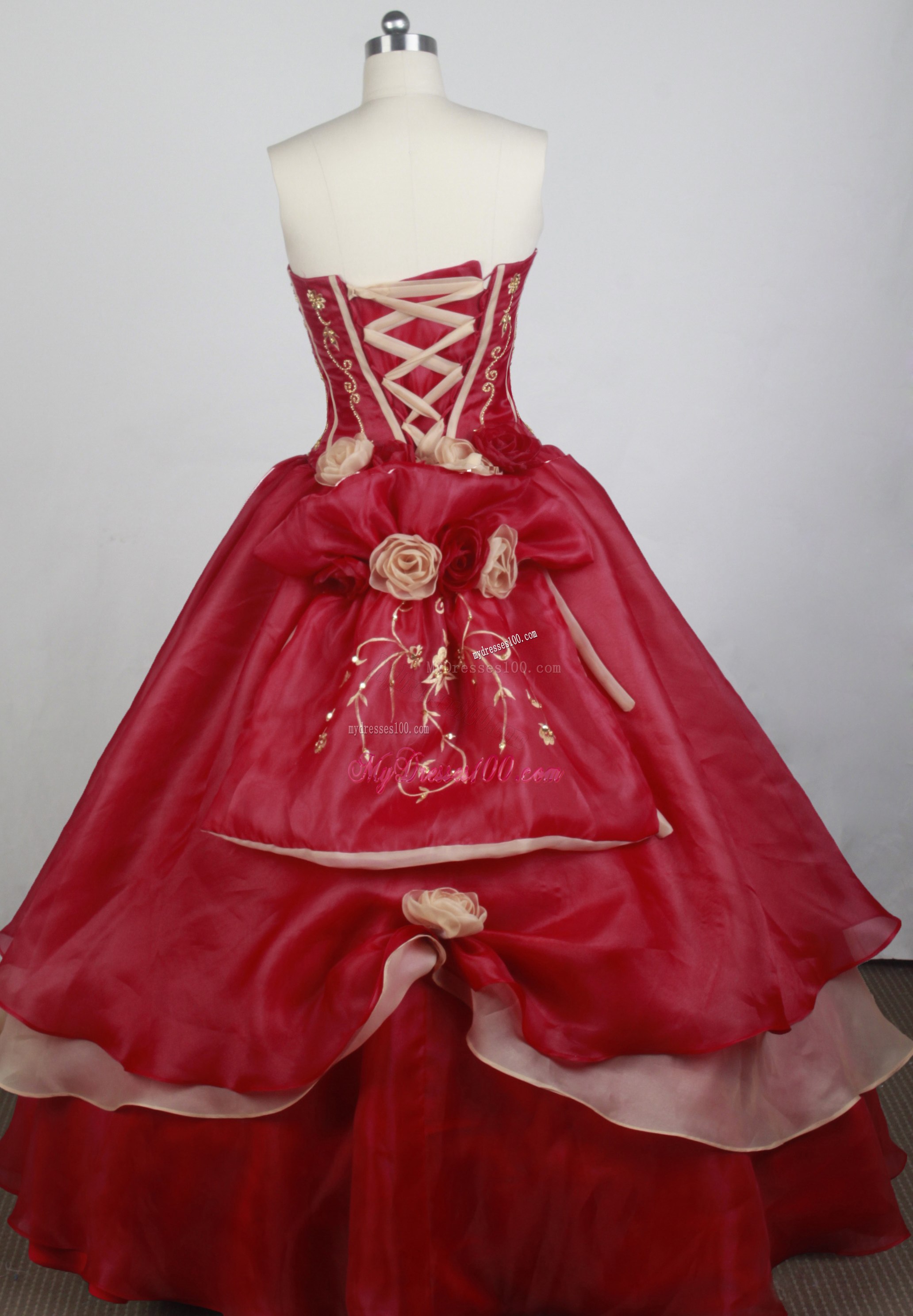 Embroidered Strapless Quinceanera Dress in Wine Red