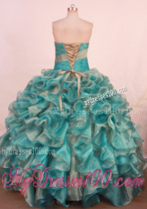 Two-toned Lace-up Back Ruffles Appliques Turquoise Quinceanera Dresses