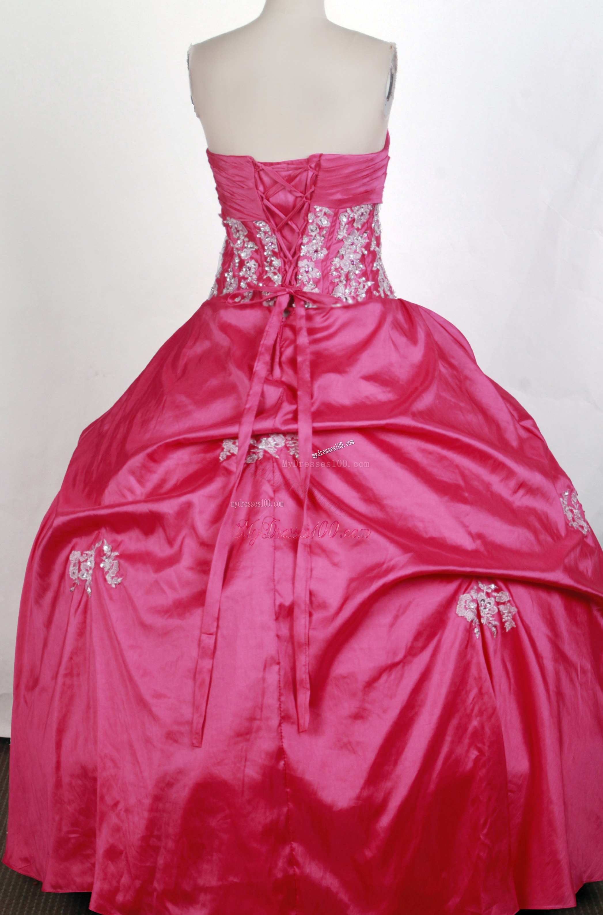 Ruching and Diamonds Decorated Dress for Quince with White Appliques