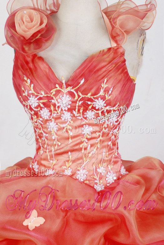 Detachable Flowery Halter Orange Red Organza Dresses 15
