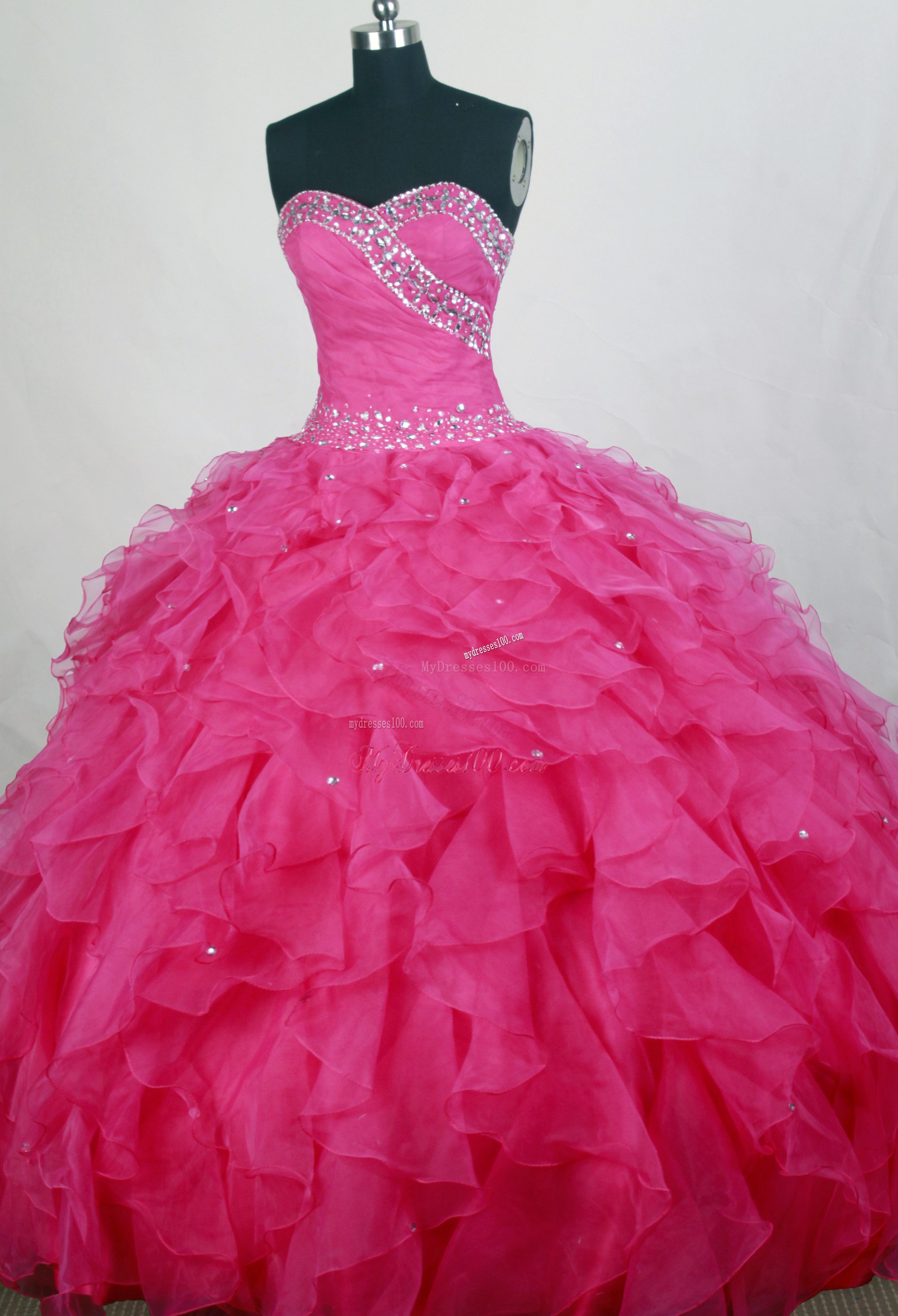Beaded and Ruffled Hot Pink Sweet 16 Quinceanera Dress