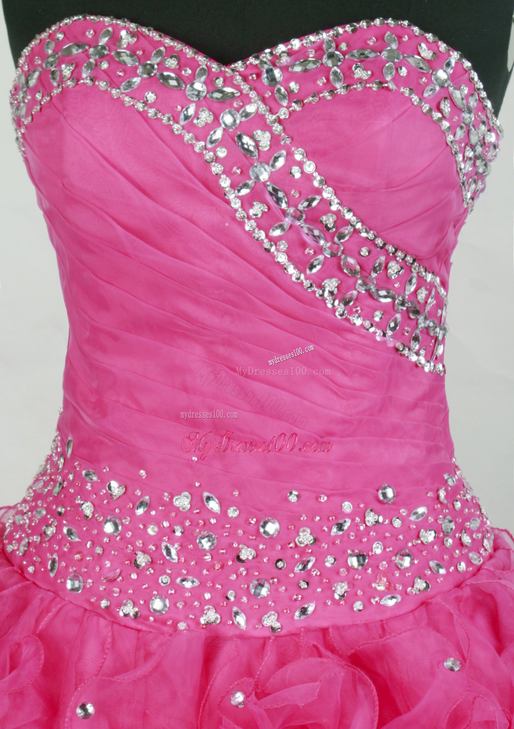 Beaded and Ruffled Hot Pink Sweet 16 Quinceanera Dress