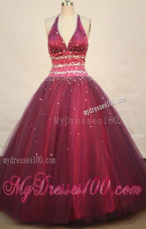 Halter V-neck Tulle Sweet sixteen dresses with Cool Waist and shiny Paillettes