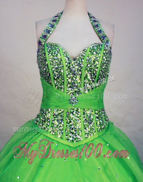 Halter Top Beaded Corset Back Quinceanera Dresses in Spring Green
