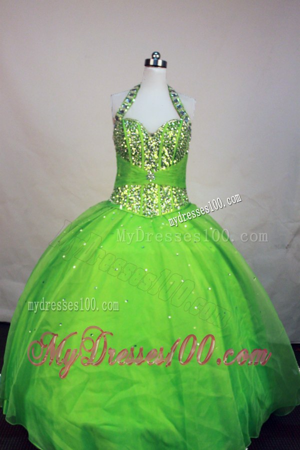 Halter Top Beaded Corset Back Quinceanera Dresses in Spring Green