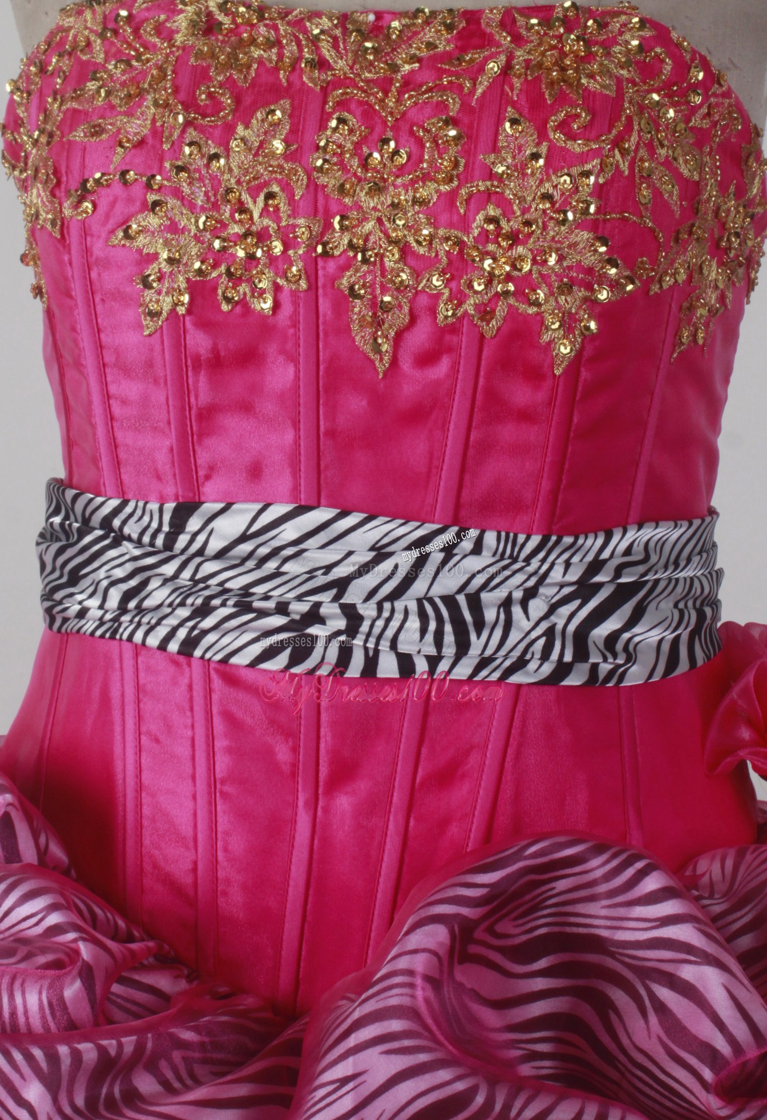 Chic Gold Appliques Sweet 16 Dresses Zebra Pick-ups and Sash