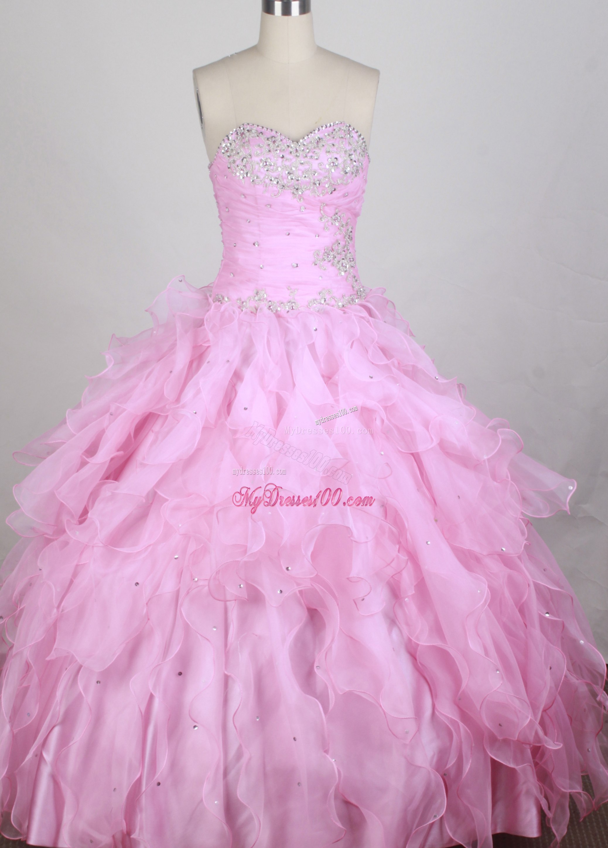 Rose Pink Beaded Quinceanera Dress with Vertical Ruffles