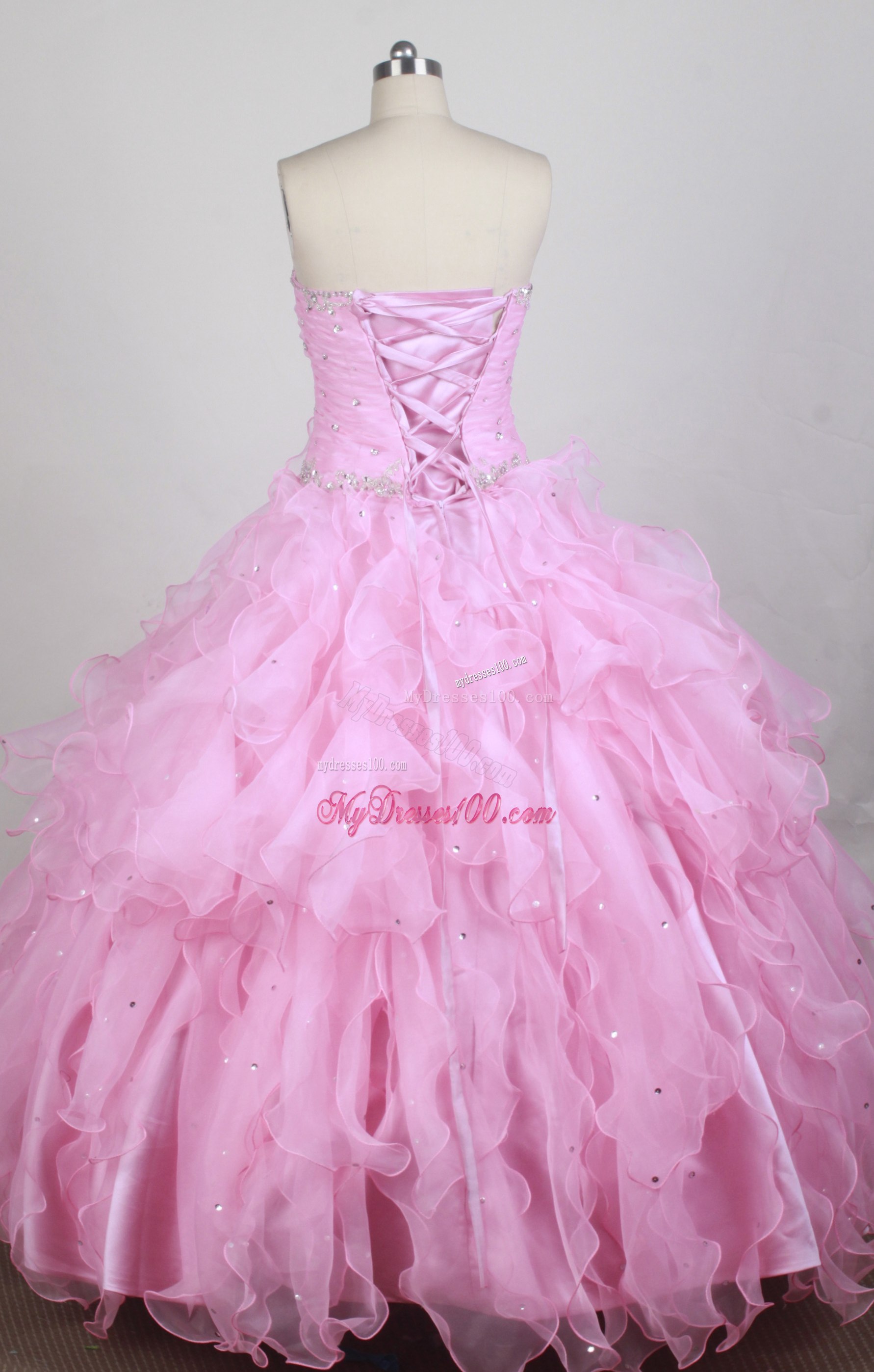 Rose Pink Beaded Quinceanera Dress with Vertical Ruffles