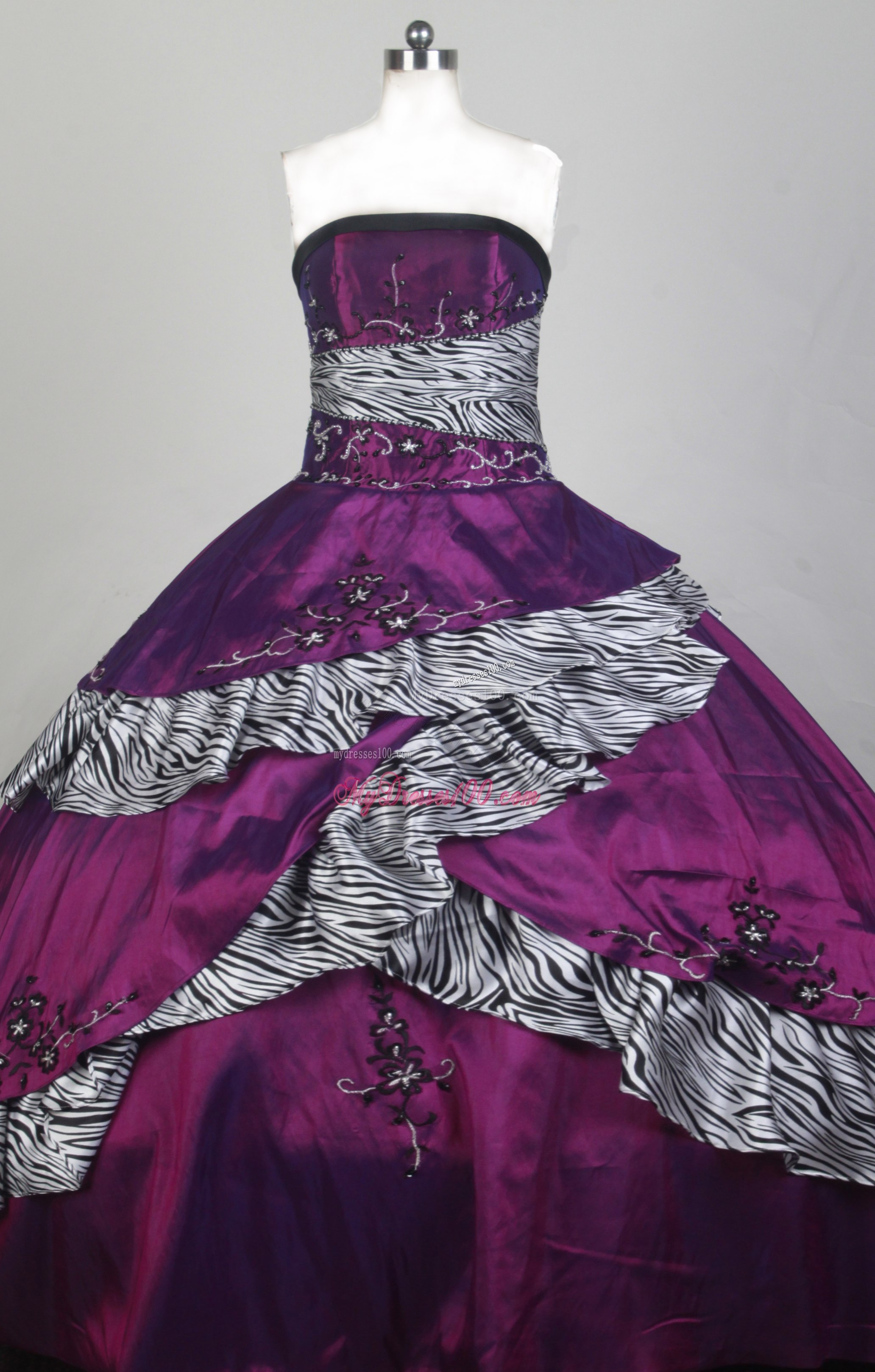 Purple Appliqued and Beaded Sweet 16 Dresses with Black and White Zebra