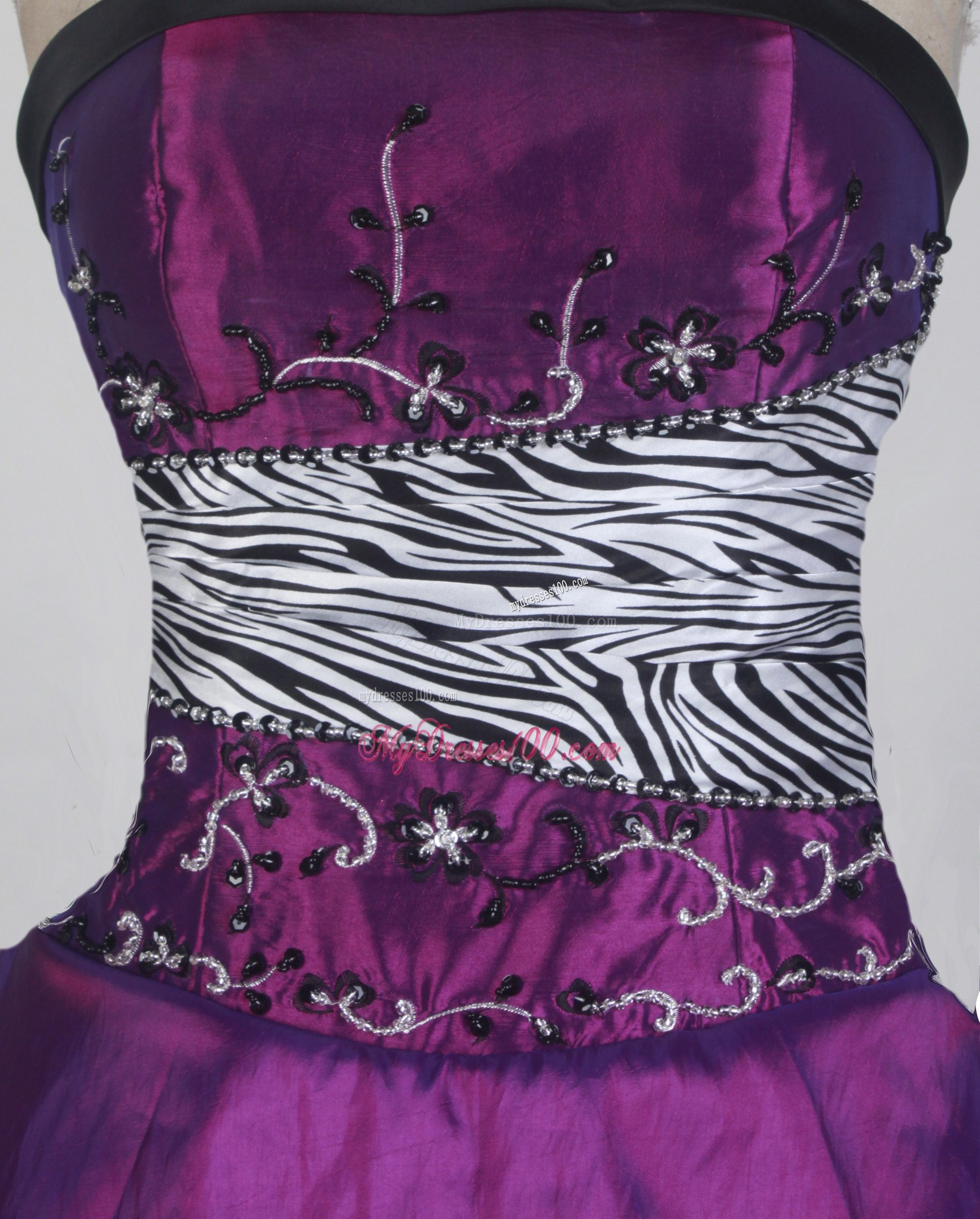 Purple Appliqued and Beaded Sweet 16 Dresses with Black and White Zebra