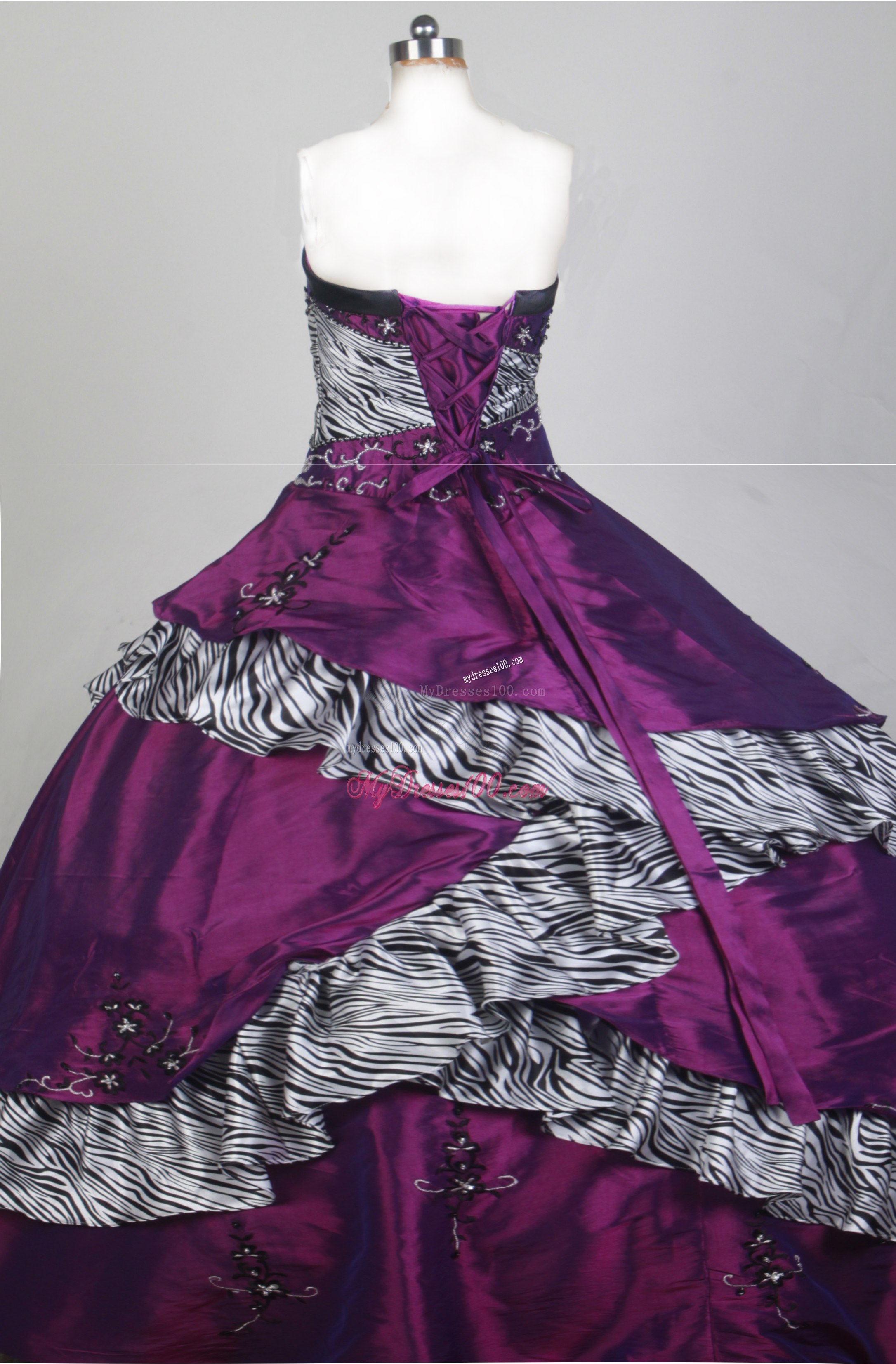 Purple Appliqued and Beaded Sweet 16 Dresses with Black and White Zebra