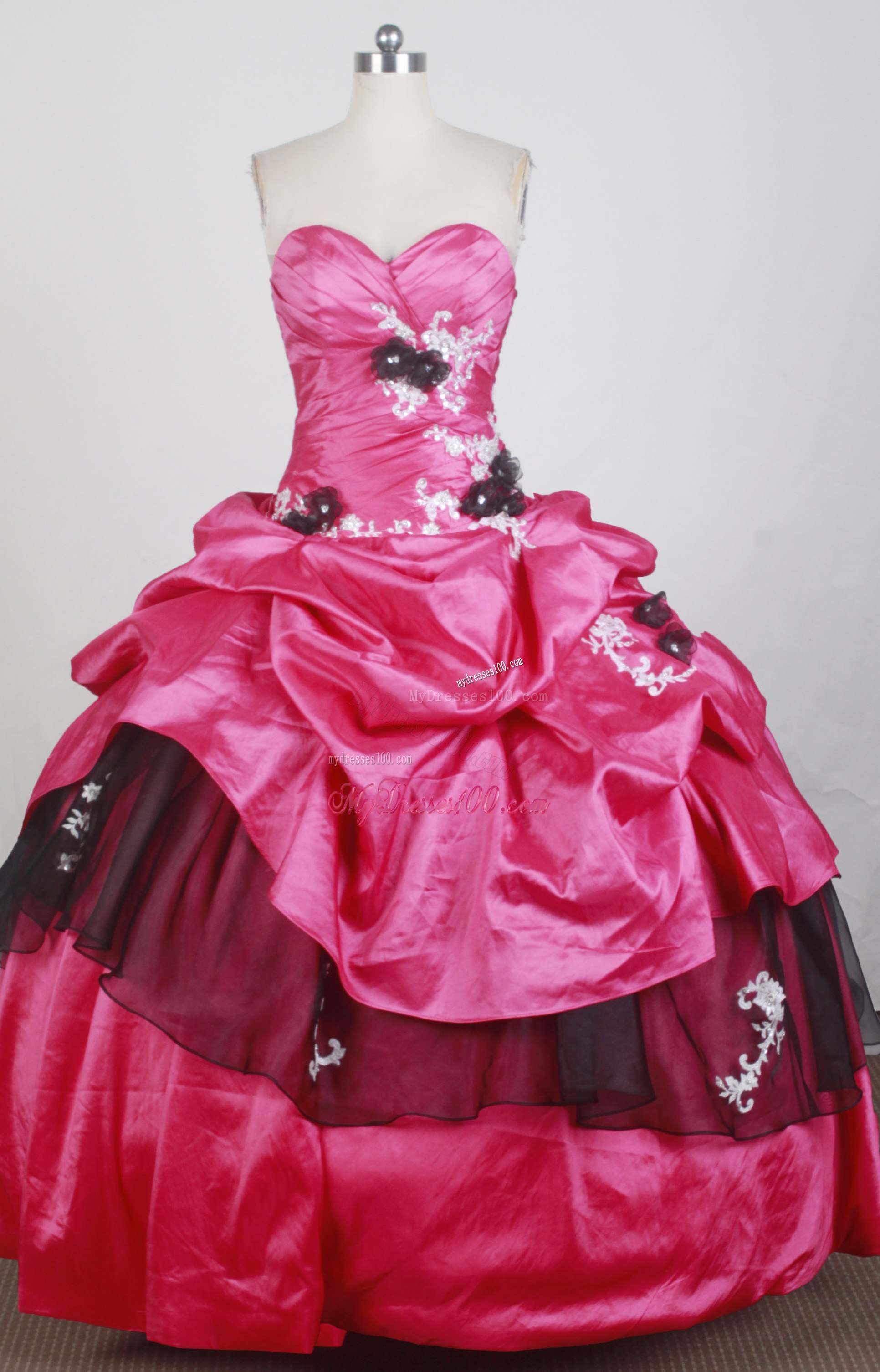 Glitz Hot Pink and Black Quinceanera Dress with Flowers
