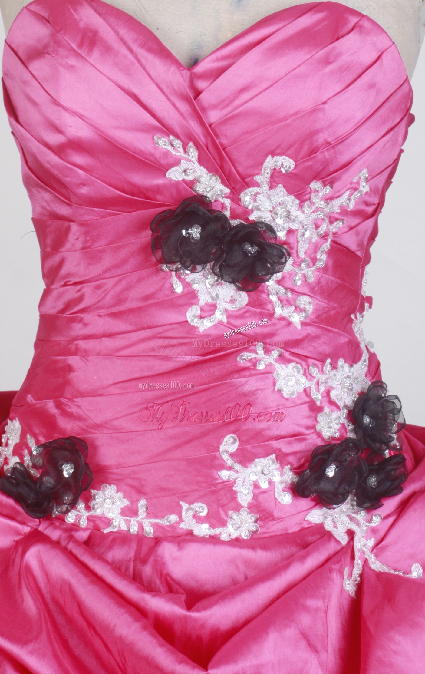 Glitz Hot Pink and Black Quinceanera Dress with Flowers