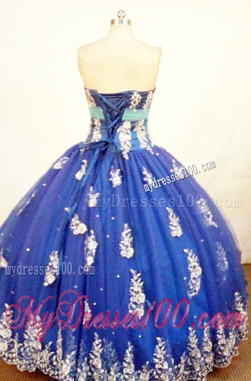 Blue Quinceanera Dress with White Appliques and Light Blue Tulle Flower Sash