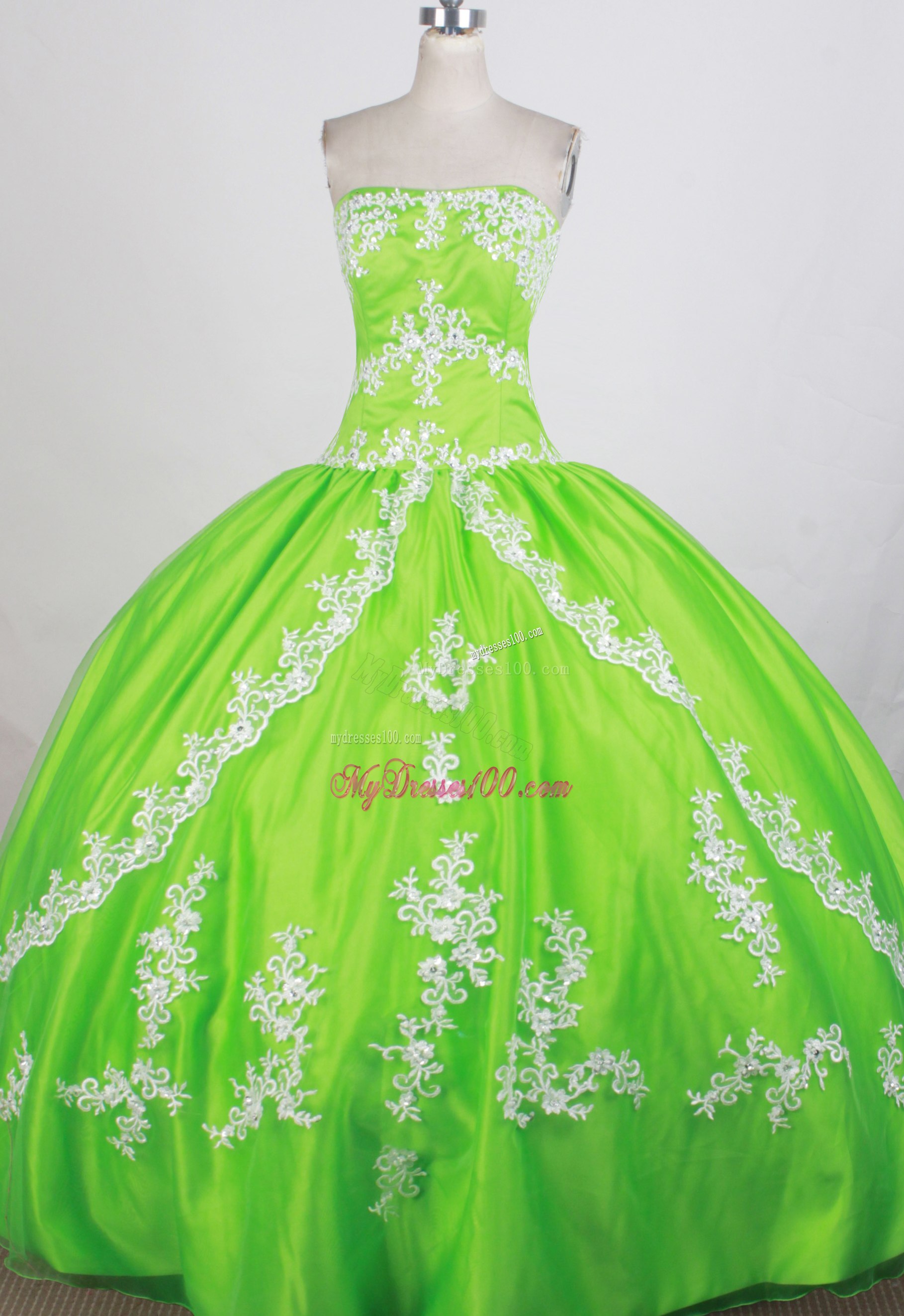 Green Ball Gown Quinceanera Dresses with Slit and Floral Appliques