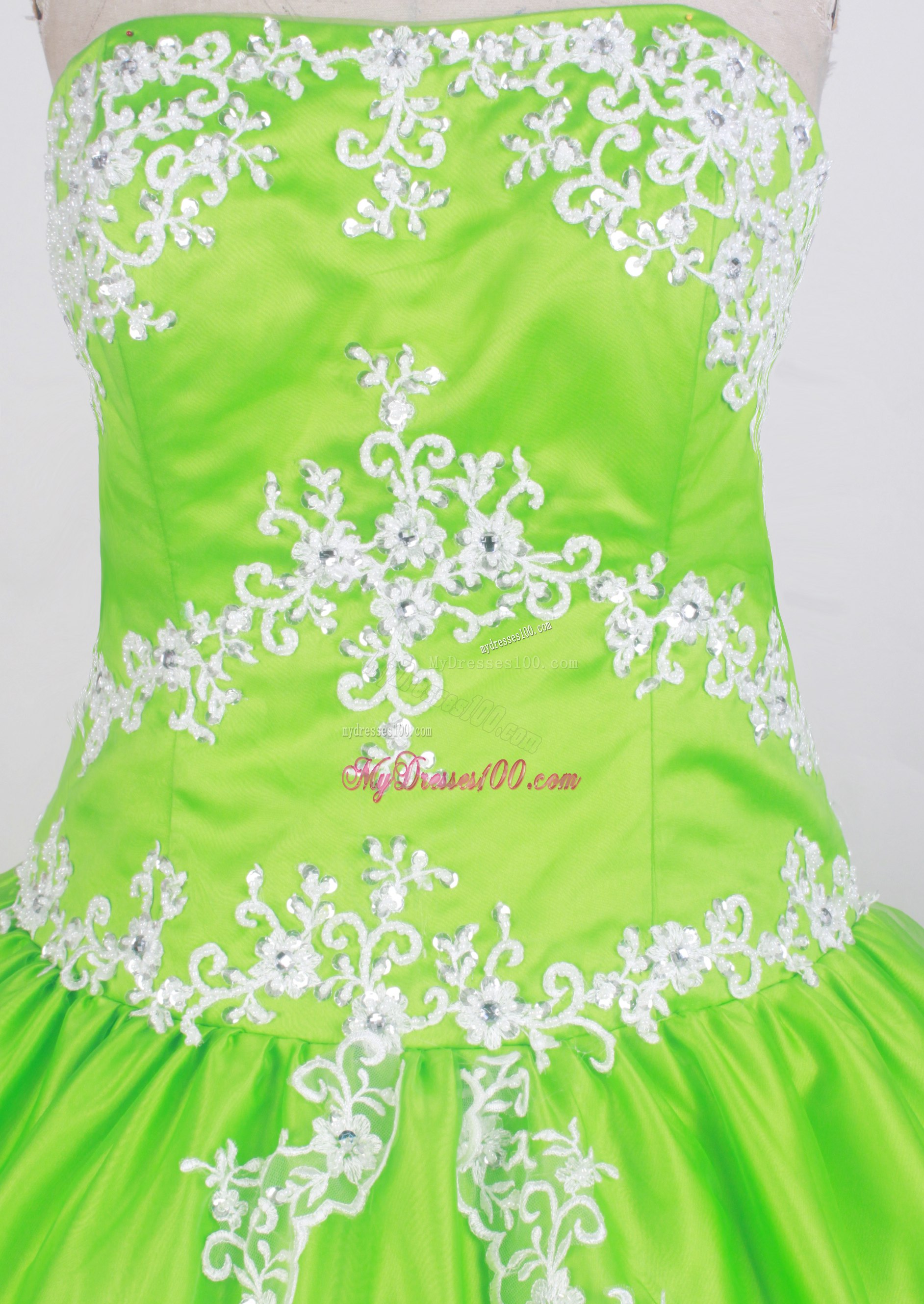 Green Ball Gown Quinceanera Dresses with Slit and Floral Appliques