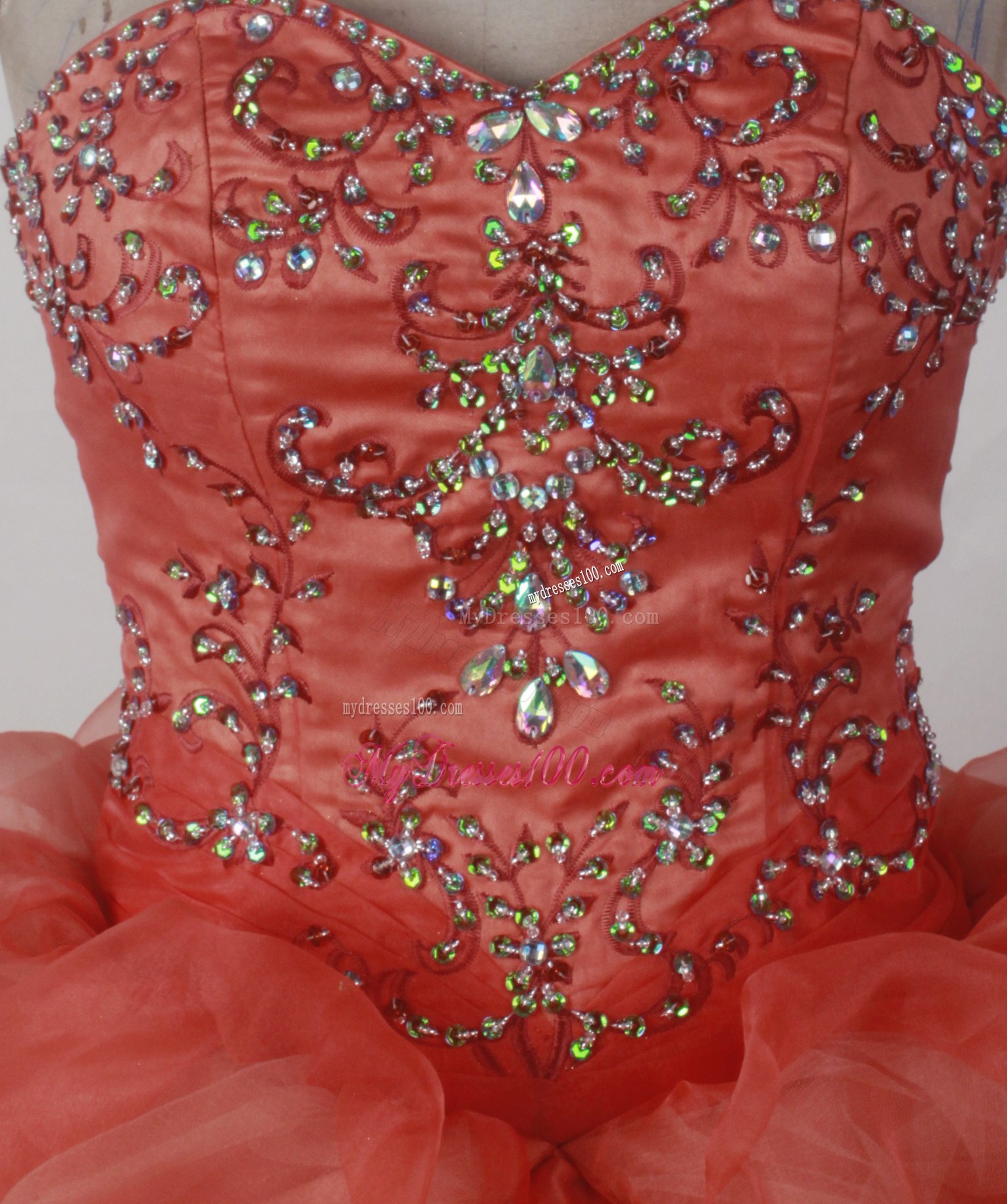 Orange Red Quinceanera Dress with Pick-ups and Beading