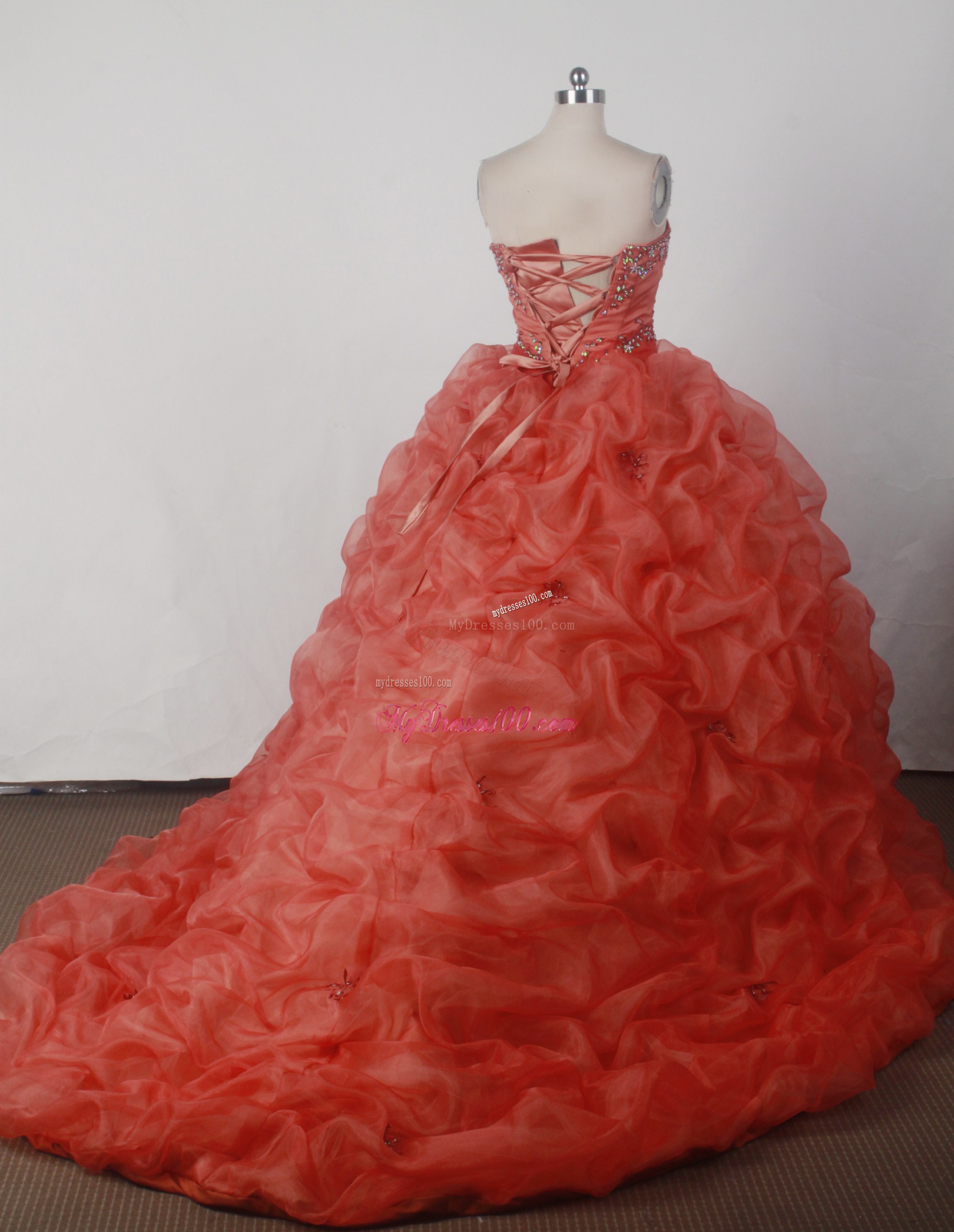 Orange Red Quinceanera Dress with Pick-ups and Beading