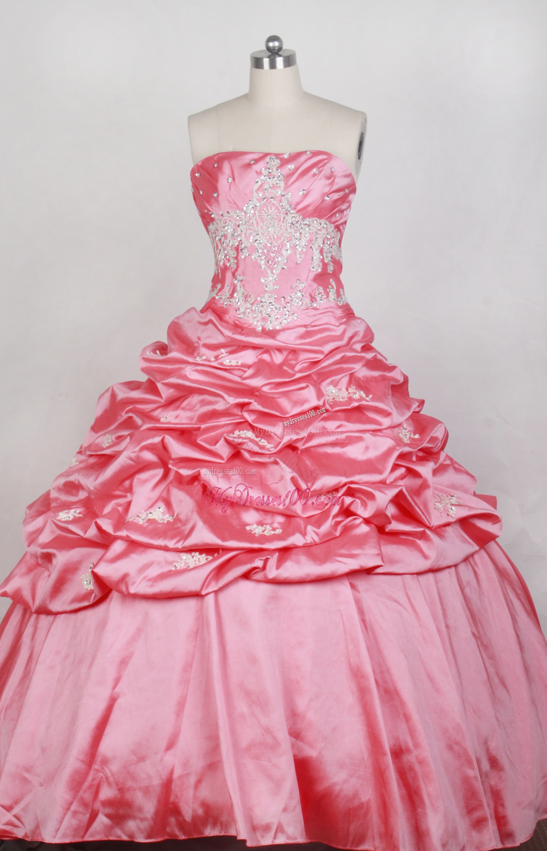 Appliqued Rose Pink Quinceanera Dress with Pick-ups