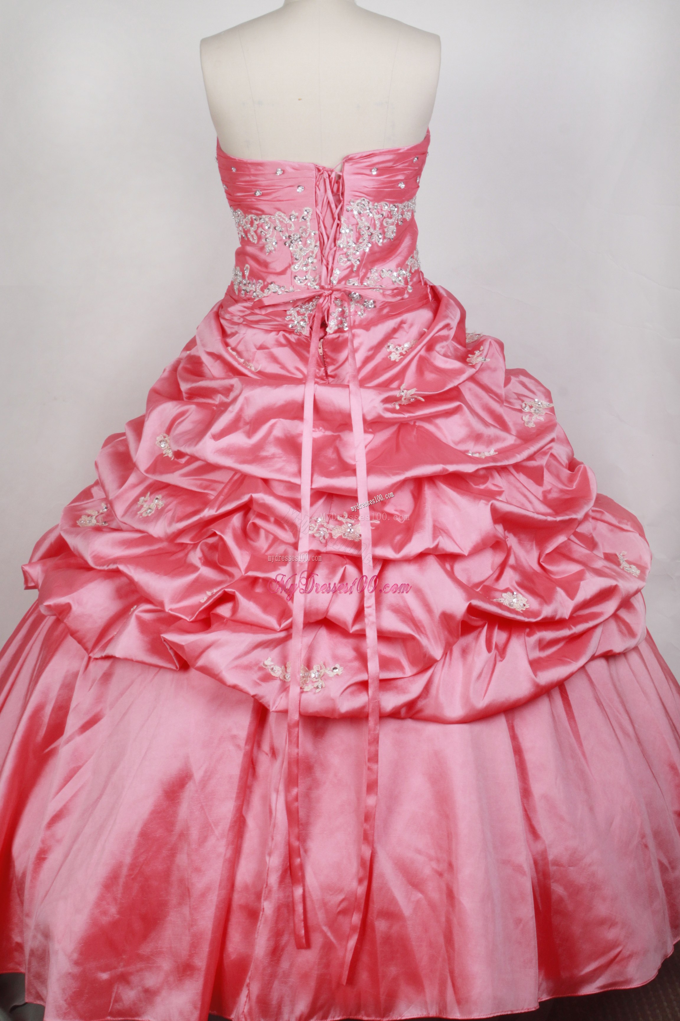 Appliqued Rose Pink Quinceanera Dress with Pick-ups