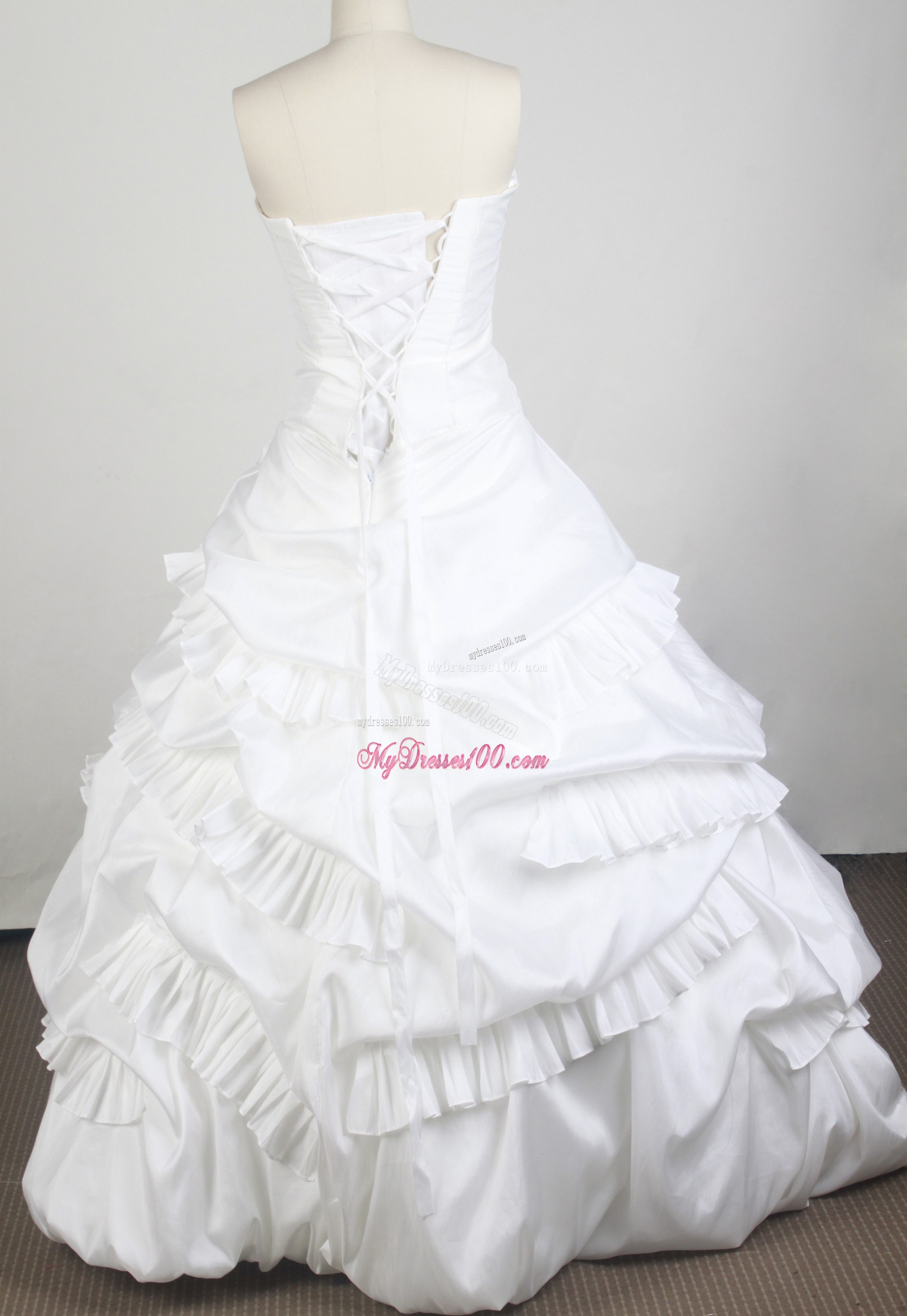 Pick-ups and Ruches Decorate White Taffeta Quinceanera Gown