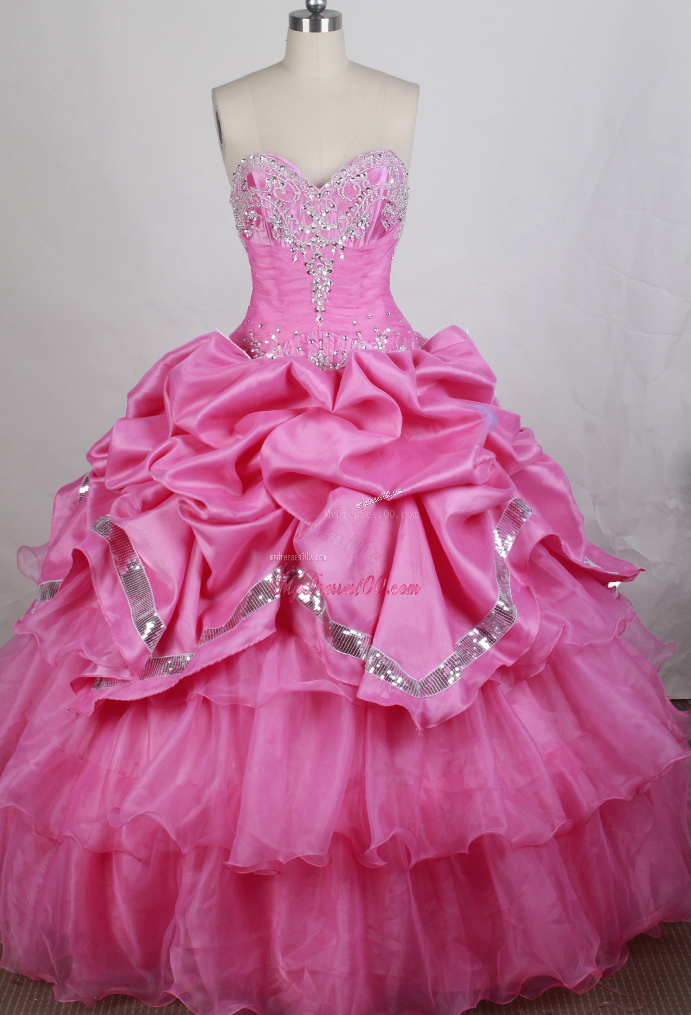 Pick-ups and Beading Accent Quinceanera Gown in Rose Pink