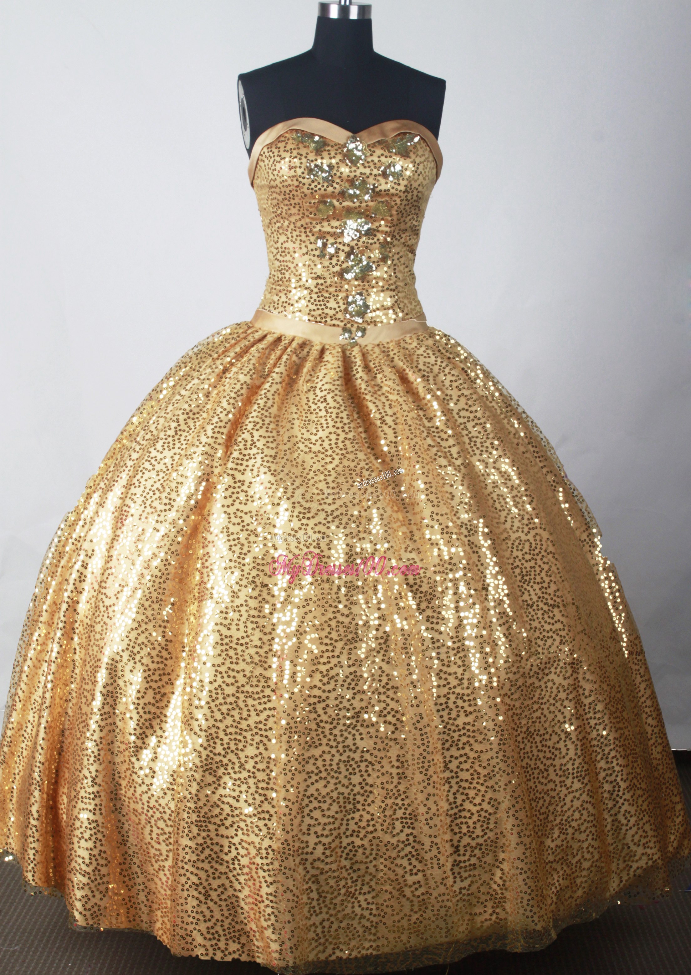 Appliqued Gold Quinceanera Dresses with Full Sequins