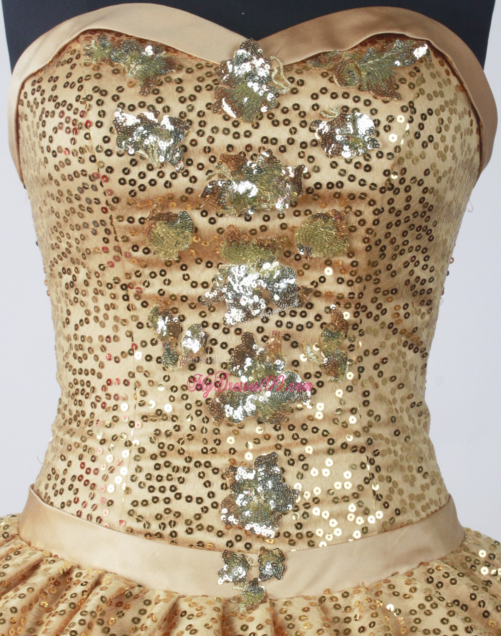 Appliqued Gold Quinceanera Dresses with Full Sequins