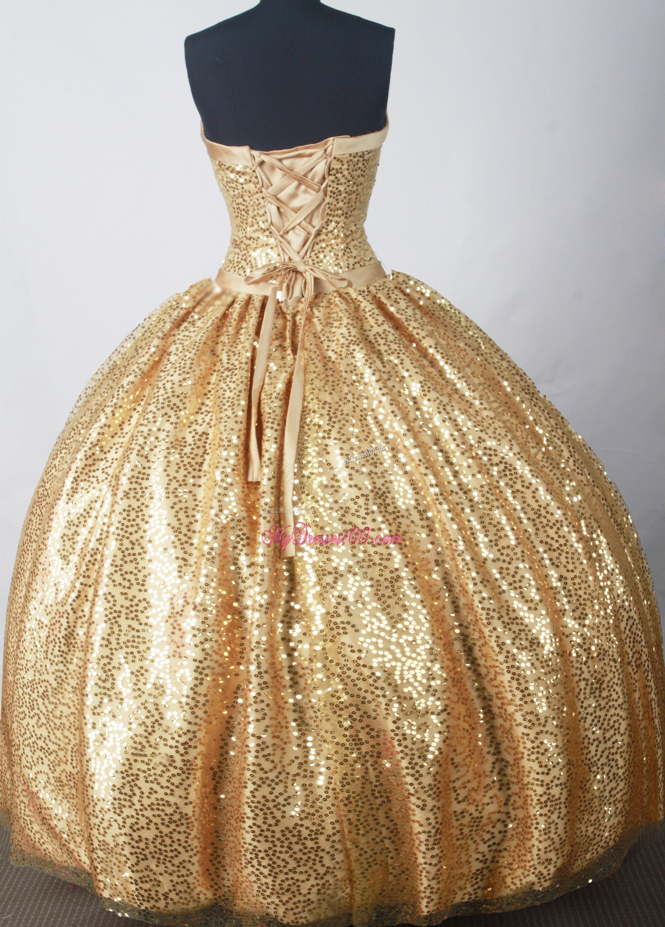Appliqued Gold Quinceanera Dresses with Full Sequins