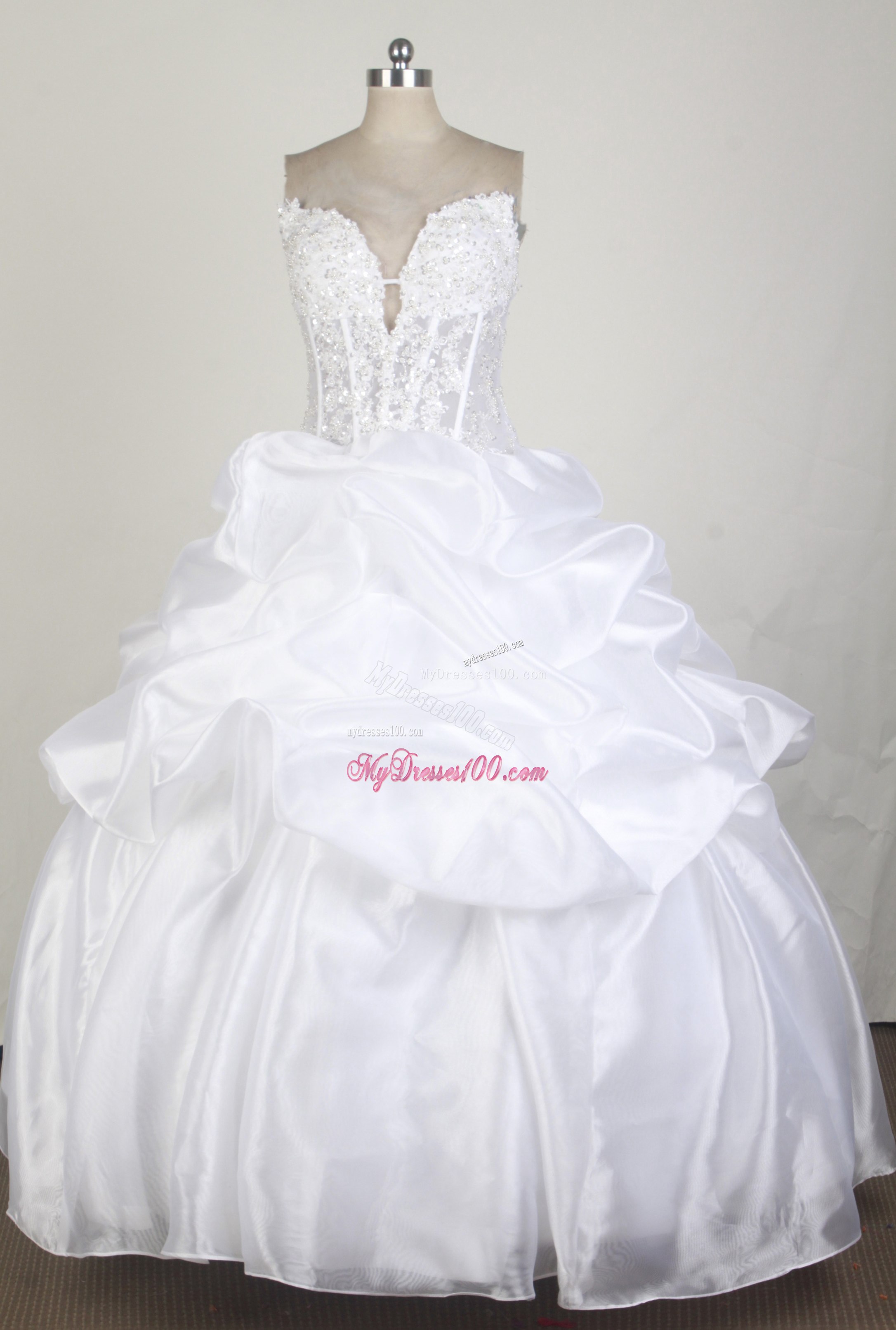 Pure White Quinceanera Dress with Pick-ups and Beaded Bodice