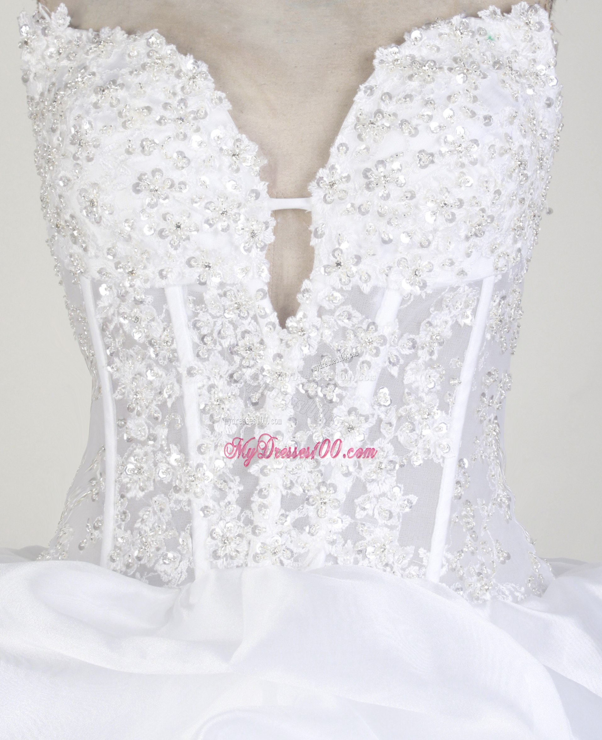 Pure White Quinceanera Dress with Pick-ups and Beaded Bodice